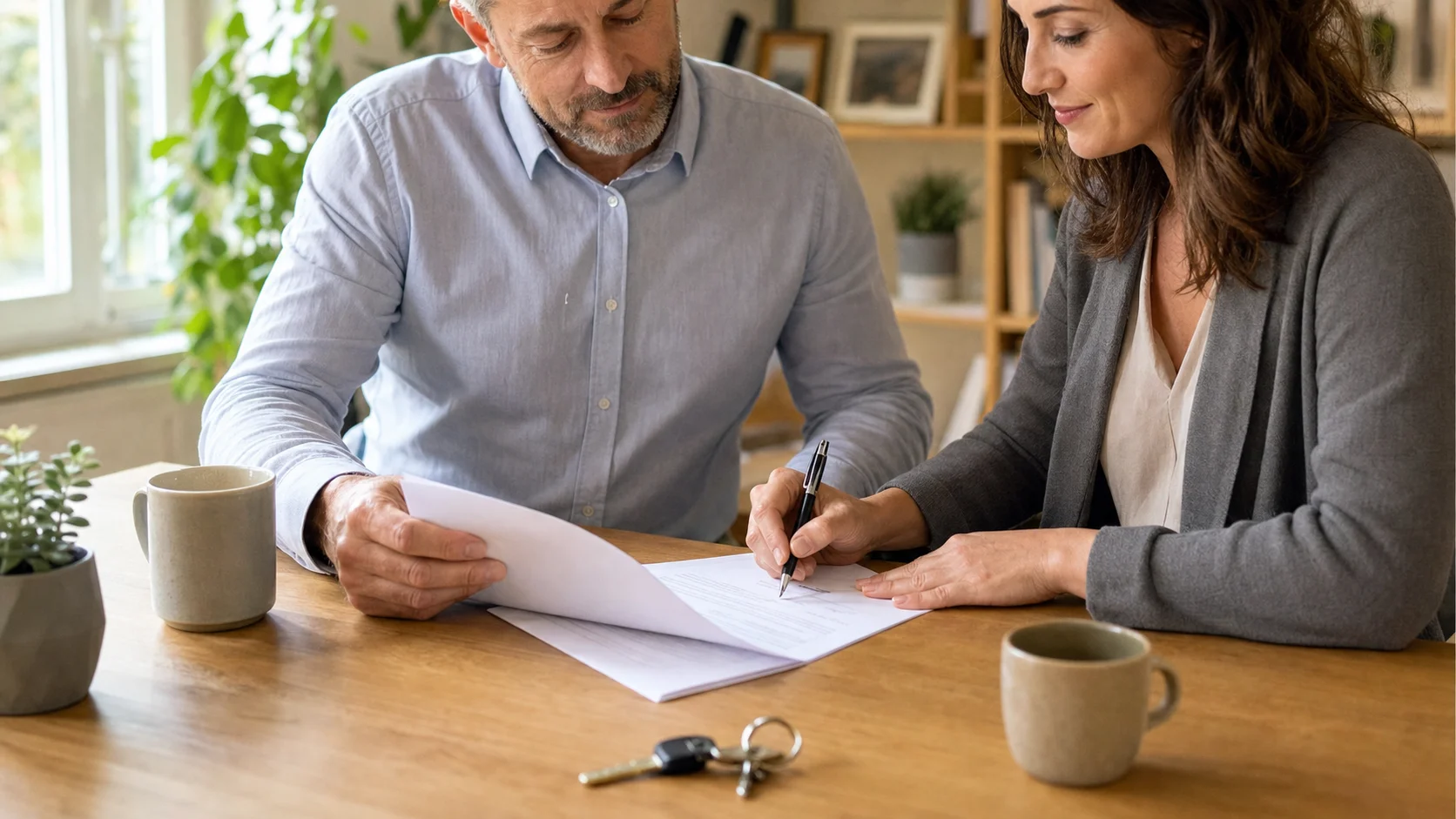 A tenant and landlord seated at a clean wooden desk reviewing and signing a lease agreement together, warm natural light, coffee cups and pen visible, focused professional atmosphere
