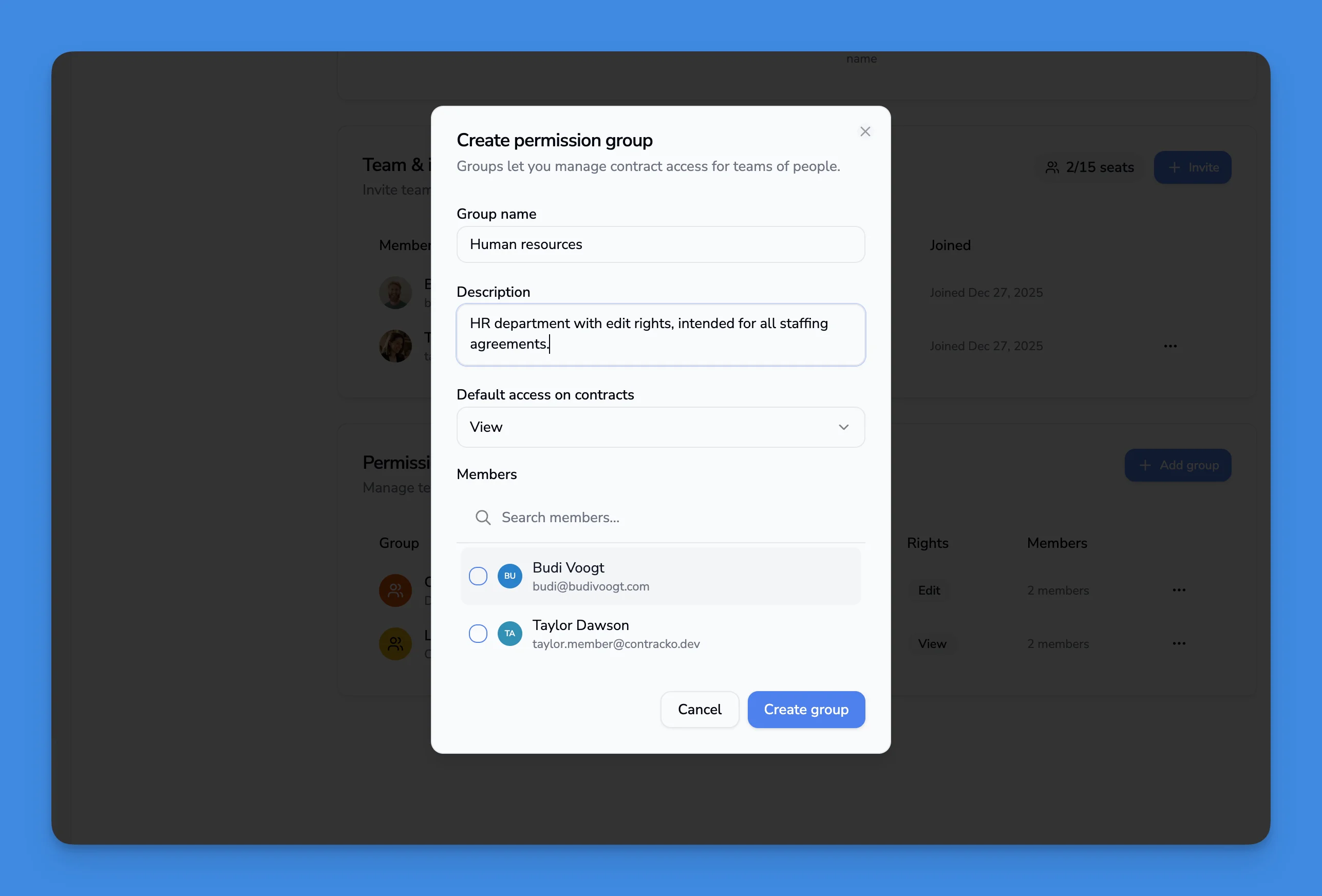 Create permission group dialog with name, description, and default access level