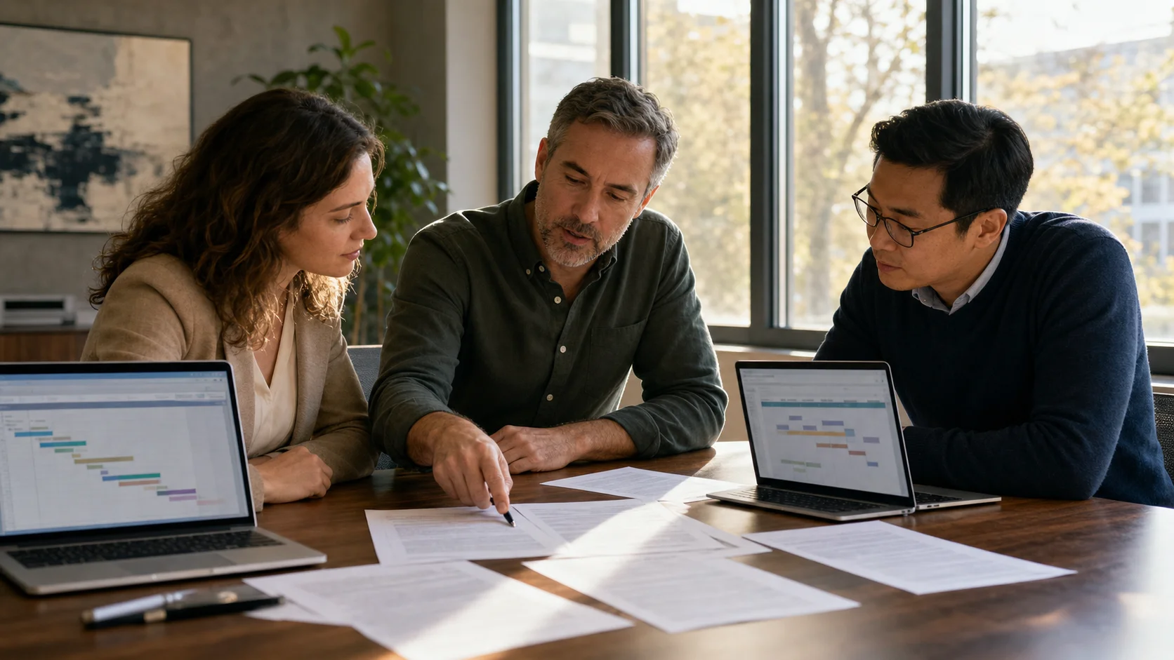 Procurement team collaborating on tender contract documents at a shared conference table, laptops and printed contract pages spread across the surface, natural afternoon light