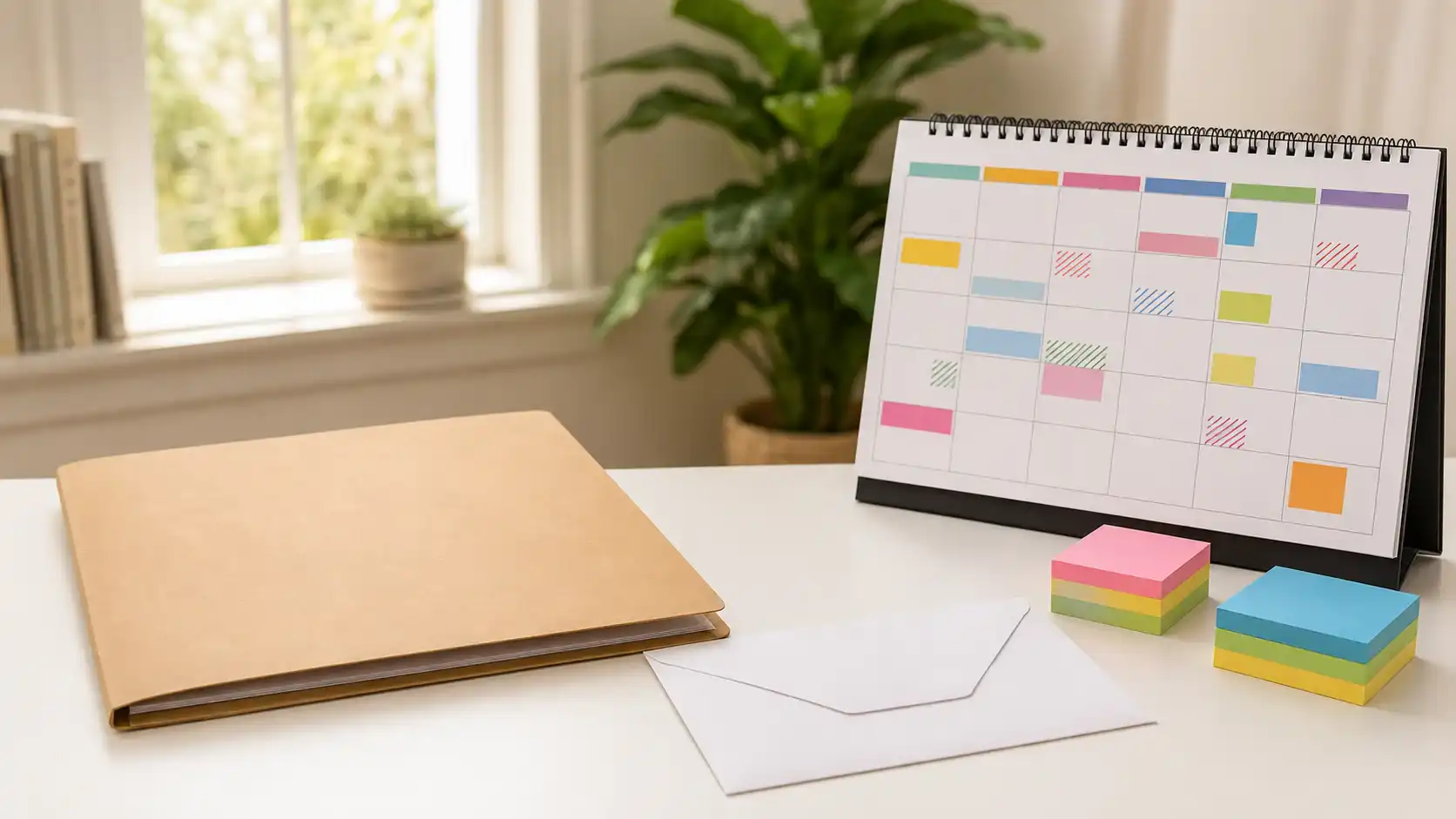 Stängd mapp, vanligt kuvert och en färgmarkerad kalender på ett solbelyst skrivbord i ett hemmakontor