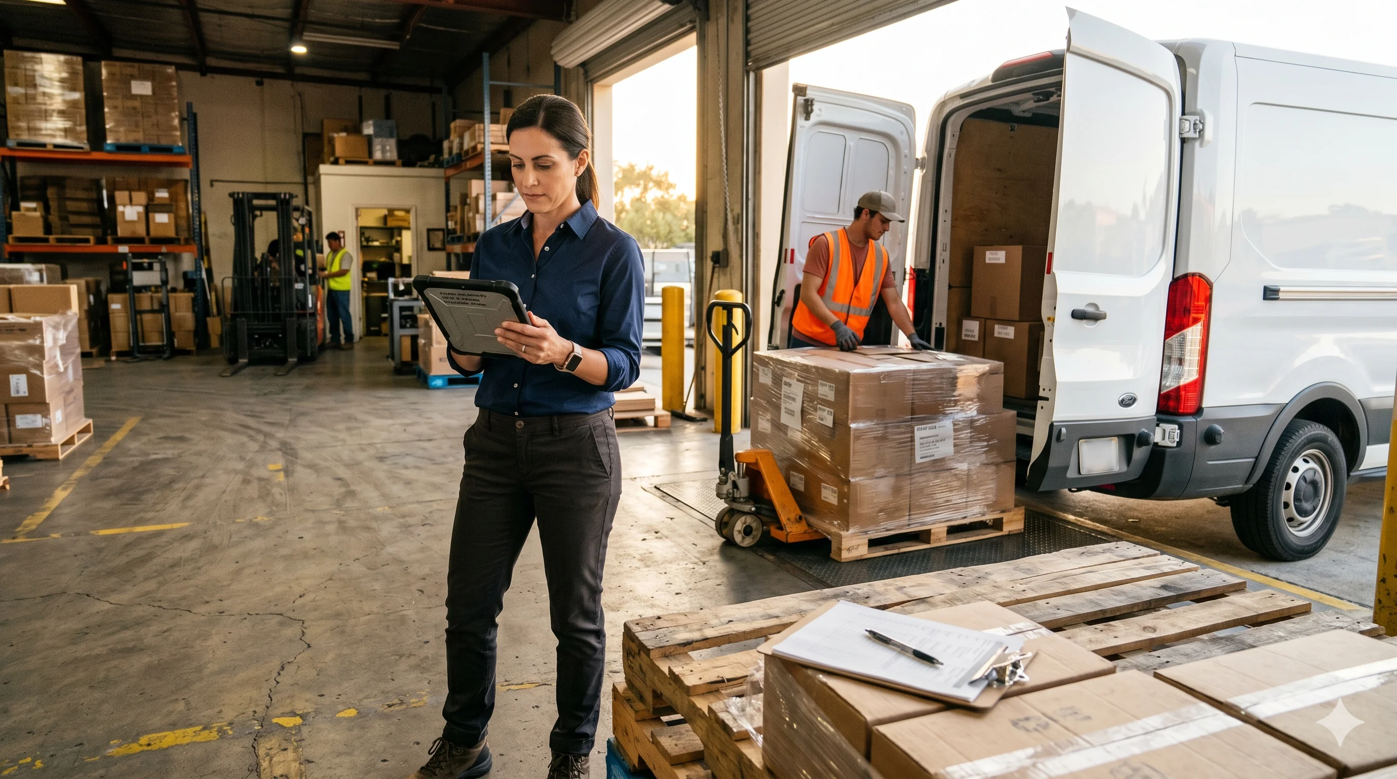 Operations manager controleert leveranciersbestelling op tablet aan de laaddok van een magazijn