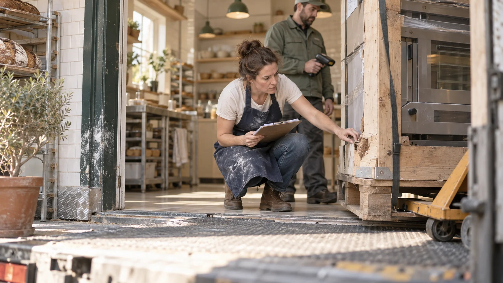 Bakery owner inspecting a crated commercial oven at the delivery door before signing for it under a purchase agreement