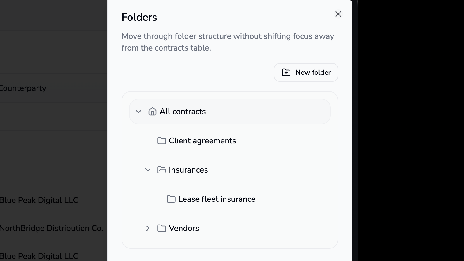 Folders panel showing the folder hierarchy and the New folder button