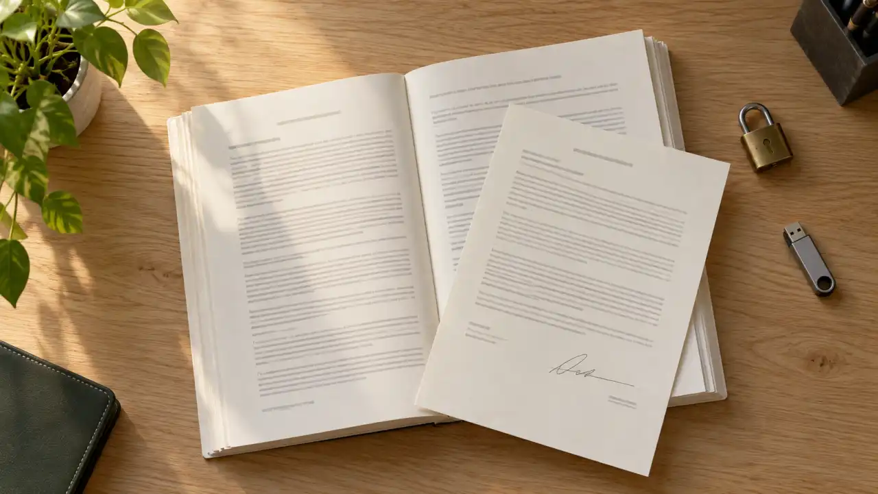 Overhead still of a printed license agreement on a pale oak desk with a USB drive and padlock in bright daylight.