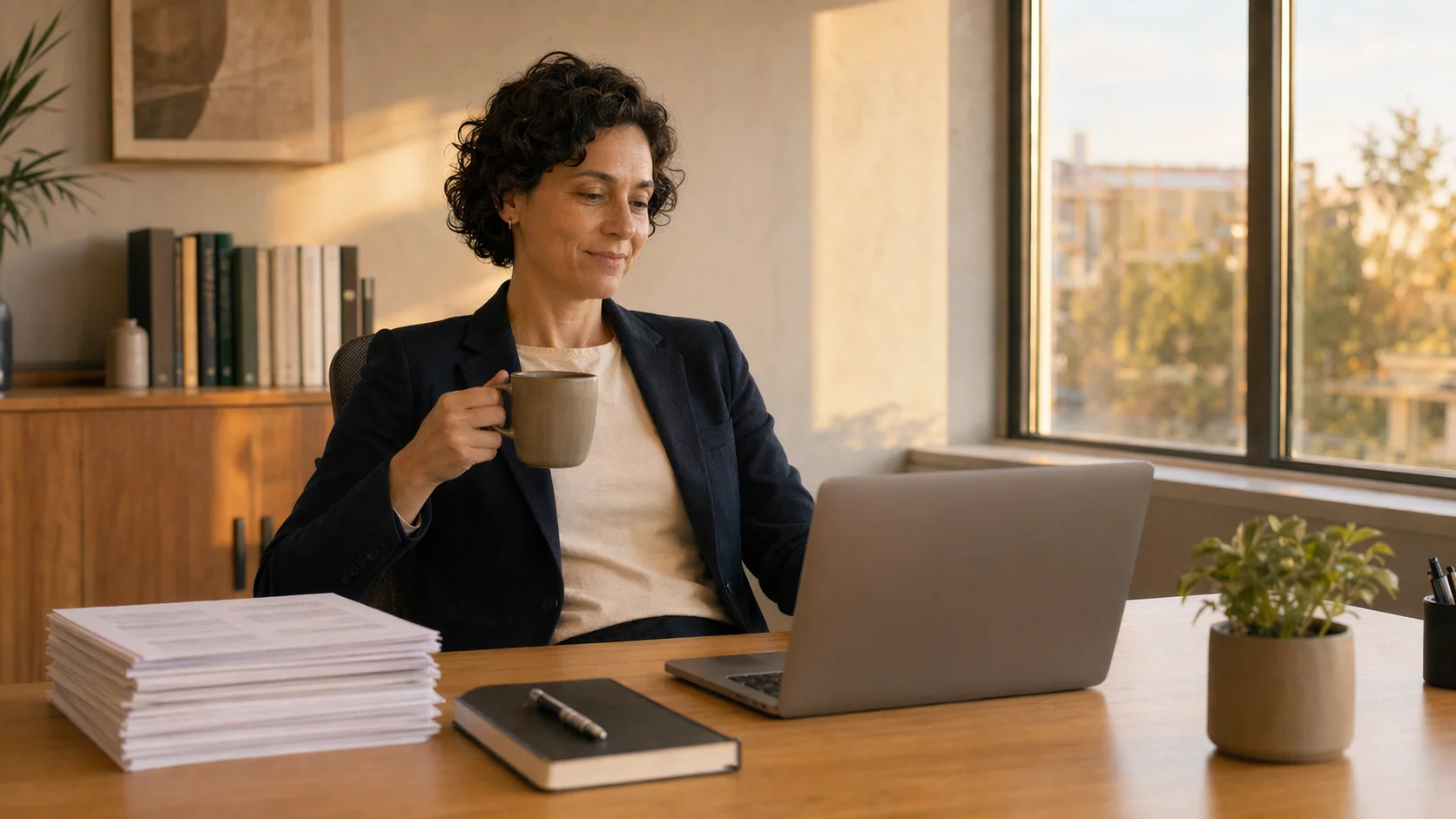 Legal operations professional reviewing upcoming contract deadlines on a laptop at end of day