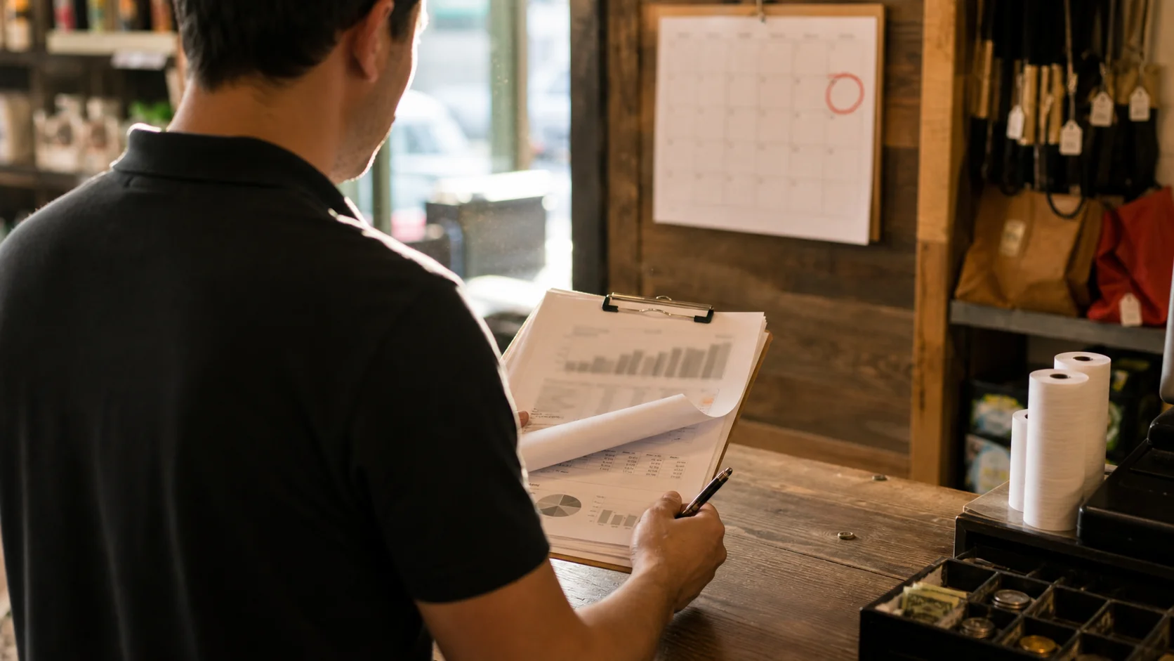 A franchise owner behind the counter of a small storefront reviews a printed royalty report next to a wall calendar with a renewal date circled in red, warm afternoon light through the front window.