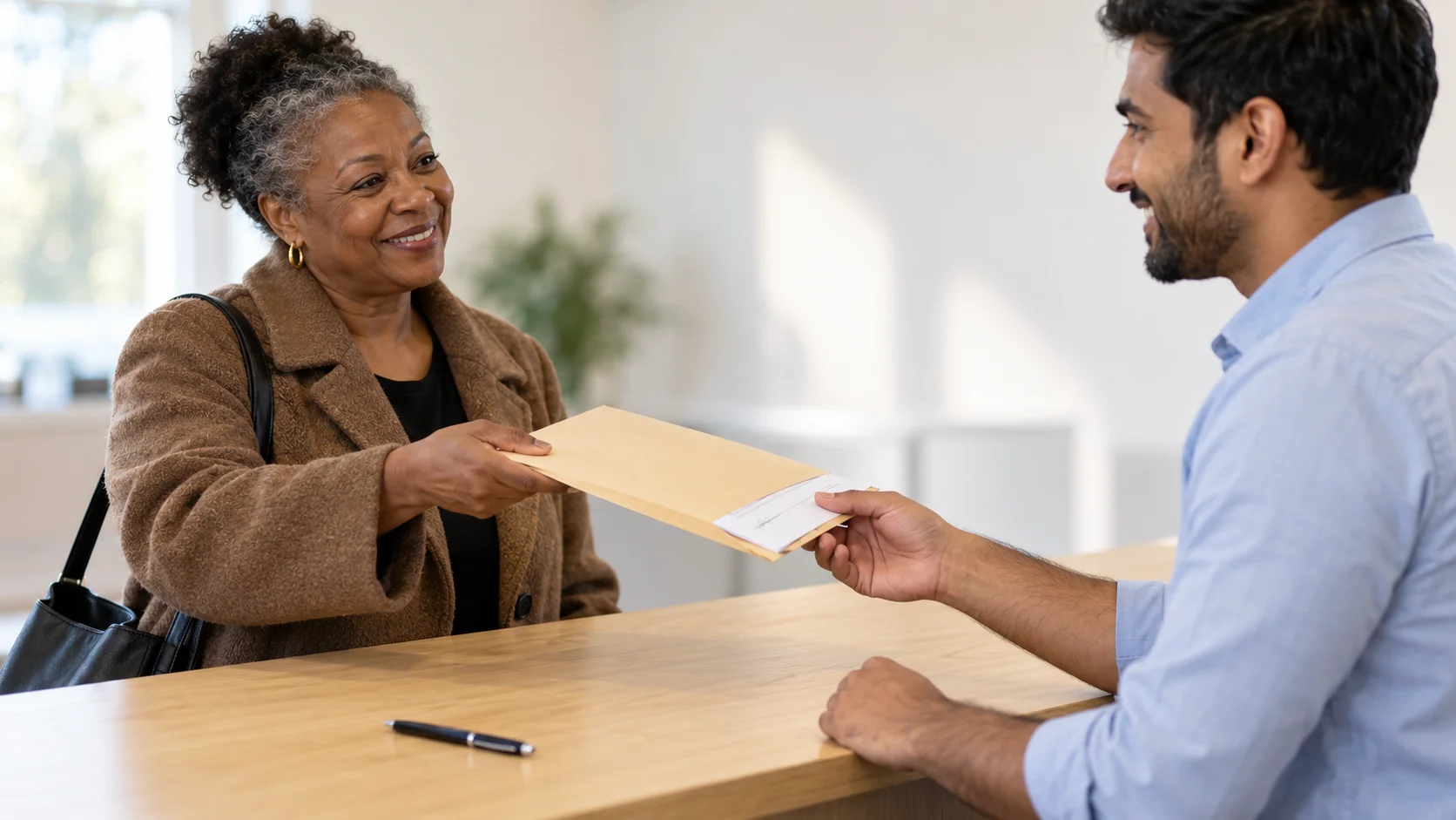 Business owner handing a signed engagement letter in an envelope to a practice manager across a plain office counter