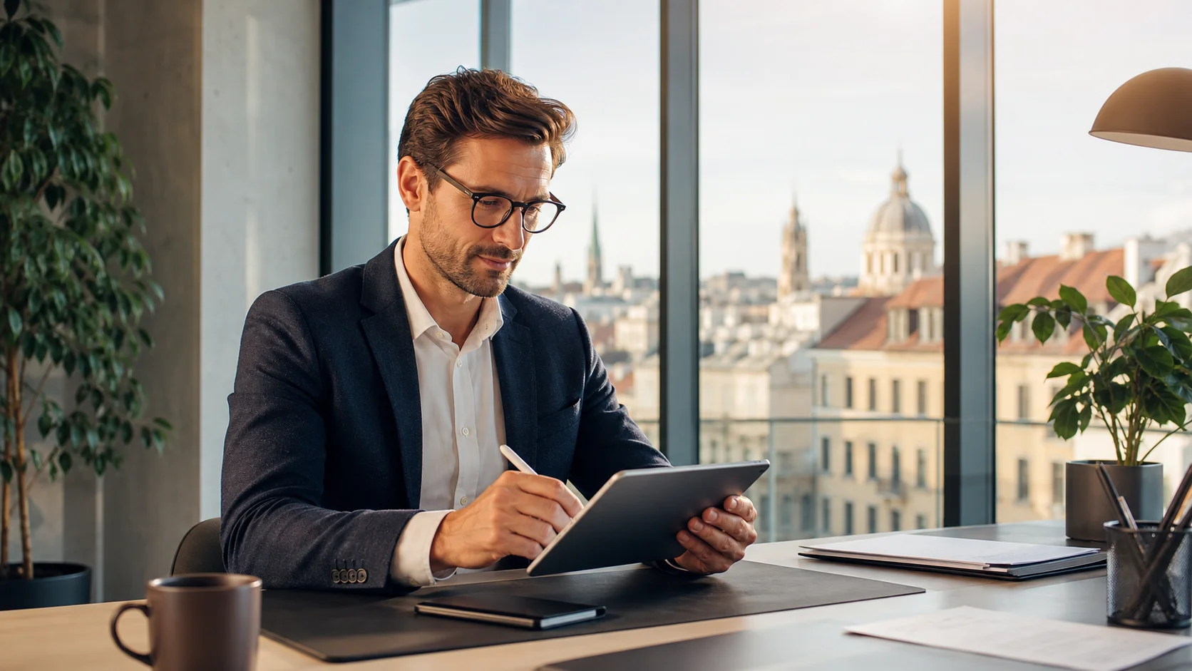 Eine Fachkraft prüft einen unterzeichneten Vertrag auf einem Tablet in einem hellen, modernen Büro, mit natürlichem Licht durch große Fenster.