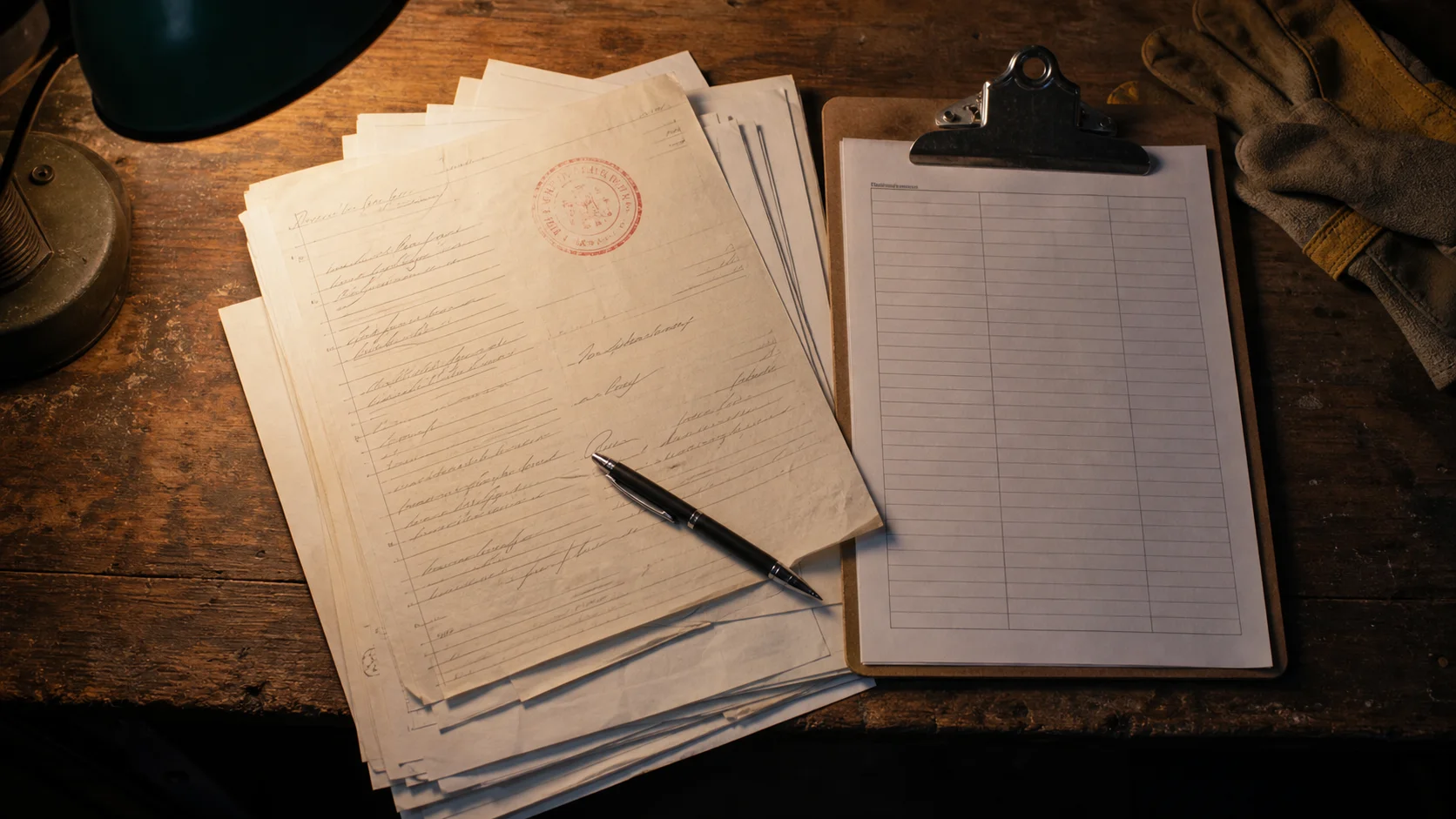 Loose signed pages, a stamped approval, and a manifest clipped to a folder spread across a warehouse desk under a work lamp
