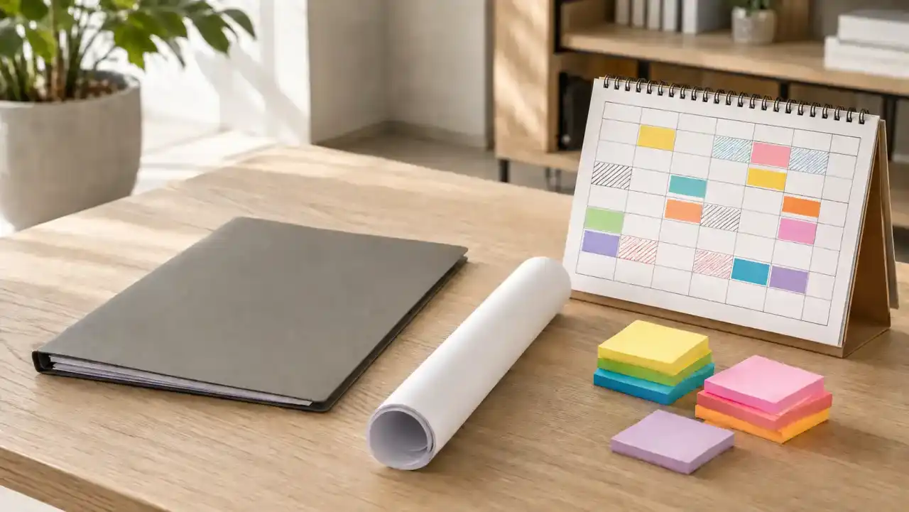 Stängd mapp, ihoprullade byggritningar och en färgmarkerad kalender på ett solbelyst bord av ek