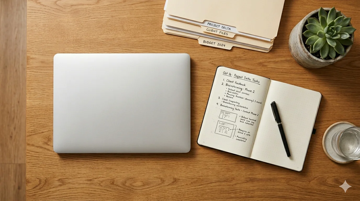 Desk with organized folders, laptop and notebook for tracking SLA contract obligations