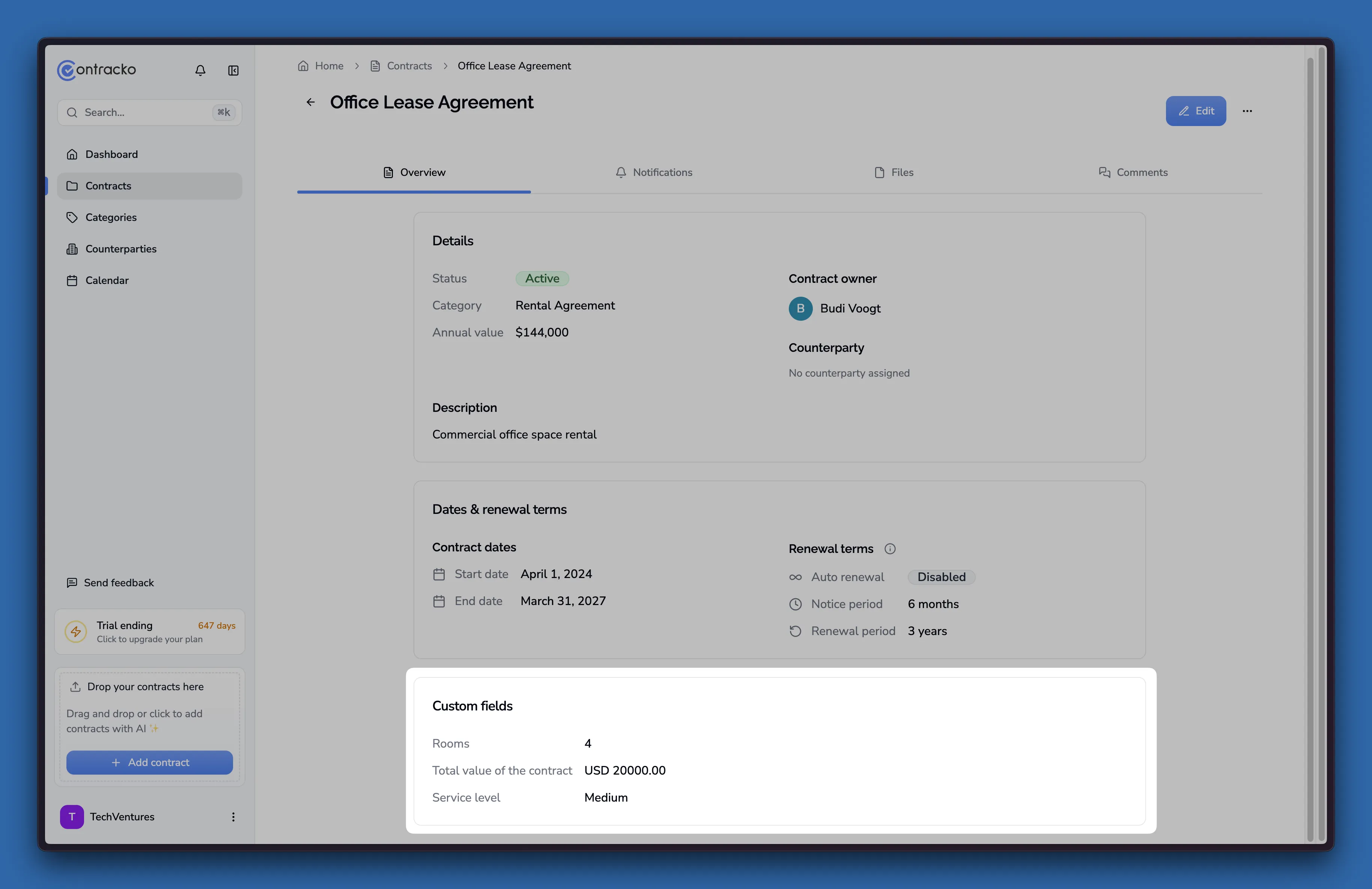 Contractviewer met aangepaste veldwaarden