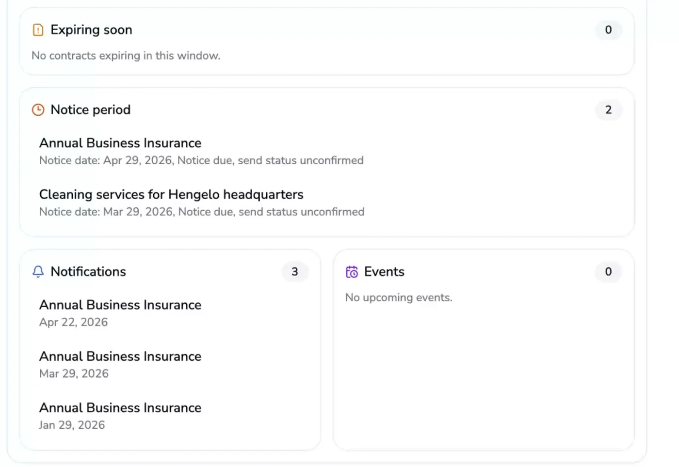 Clara AI dagelijkse briefing met aflopende contracten, opzegtermijnen, notificaties en gebeurtenissen