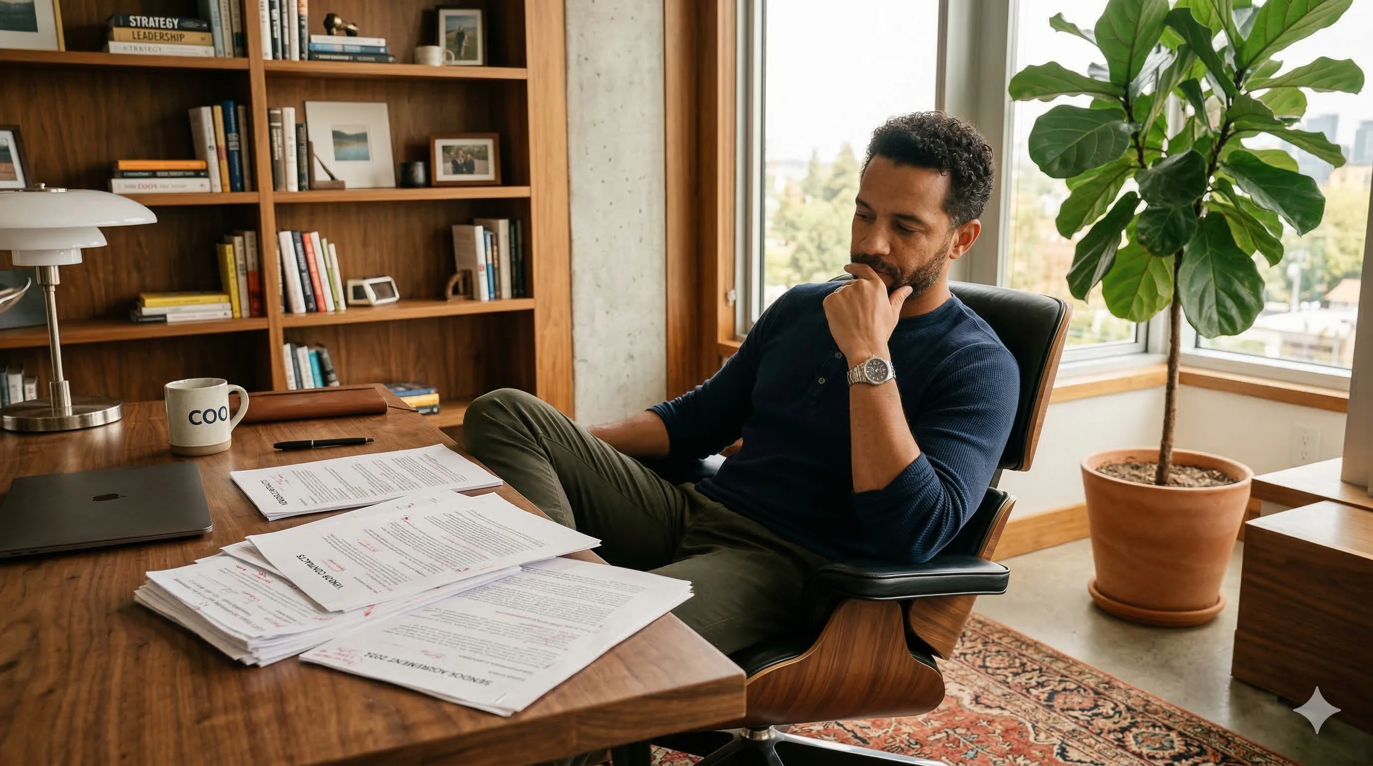 Operations leader reviewing a stack of vendor contracts at his desk