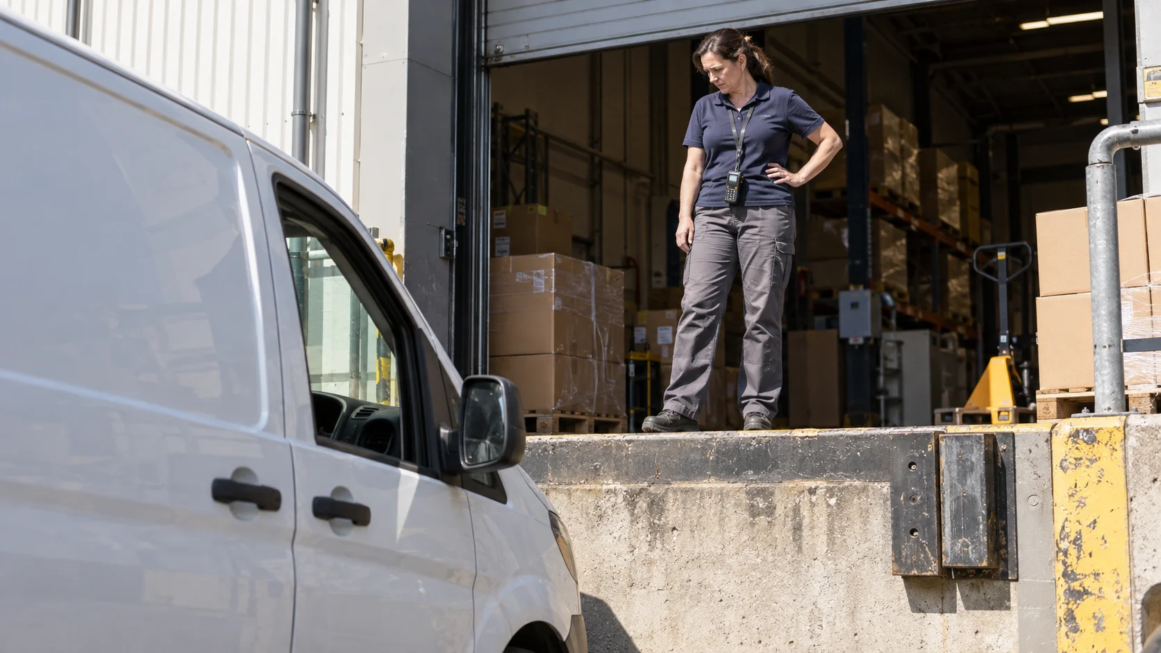 A warehouse supervisor standing on a sunlit loading dock looking down at a waiting van.