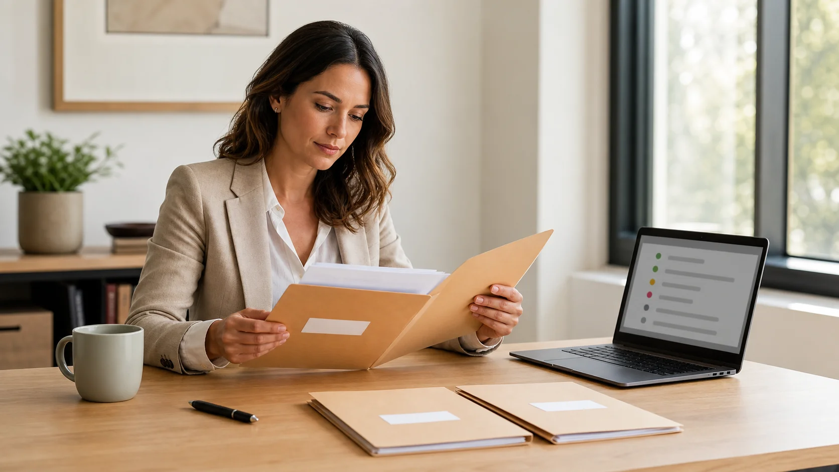 Een klein team dat samen gearchiveerde contractdocumenten doorneemt aan een lichte vergadertafel, ter illustratie van een georganiseerd proces voor contract lifecycle management
