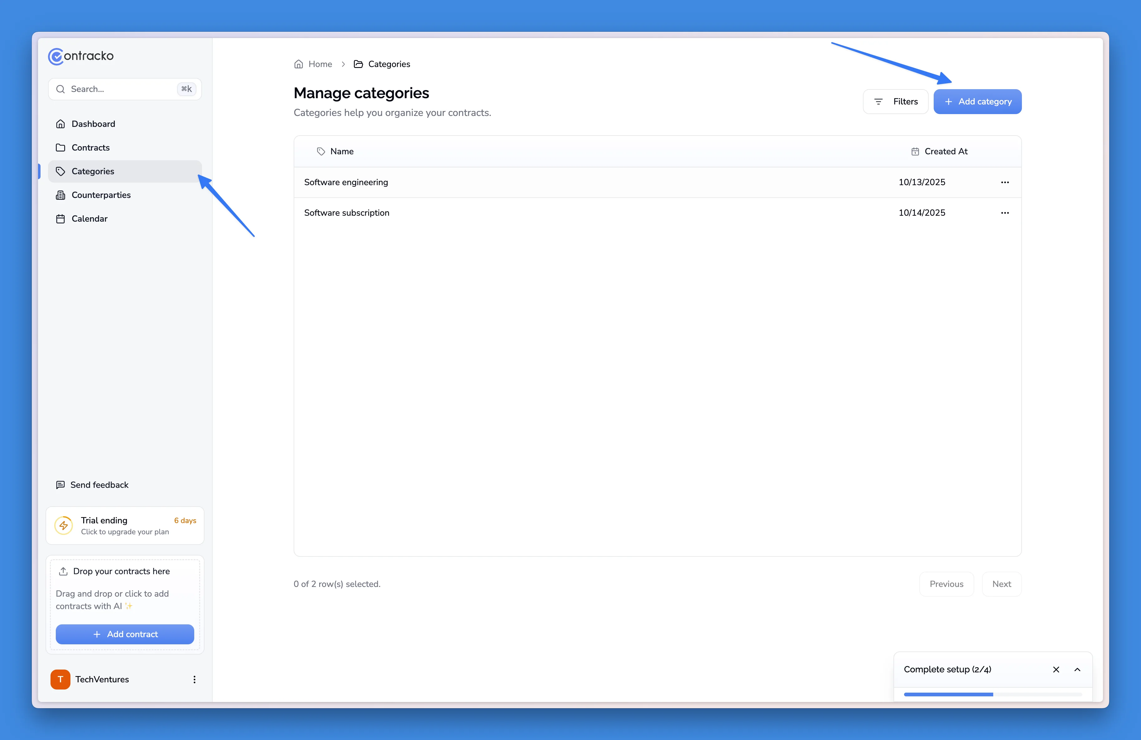 Contract types management page with create button