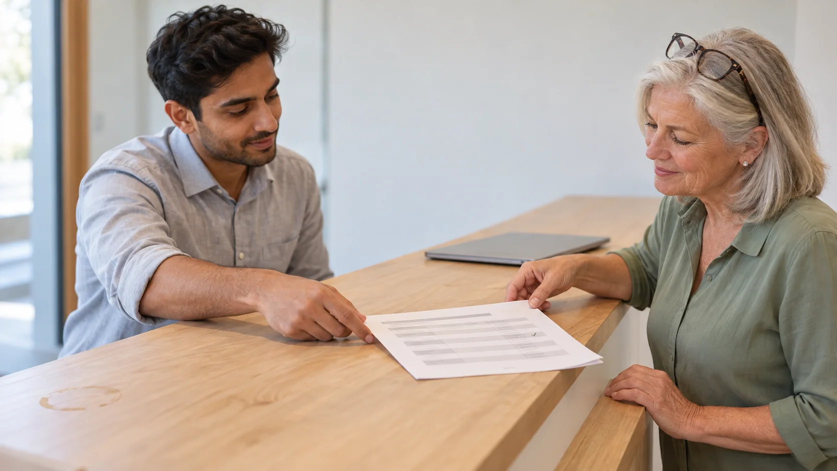 MSP account manager handing a renewal summary to a client across a reception counter