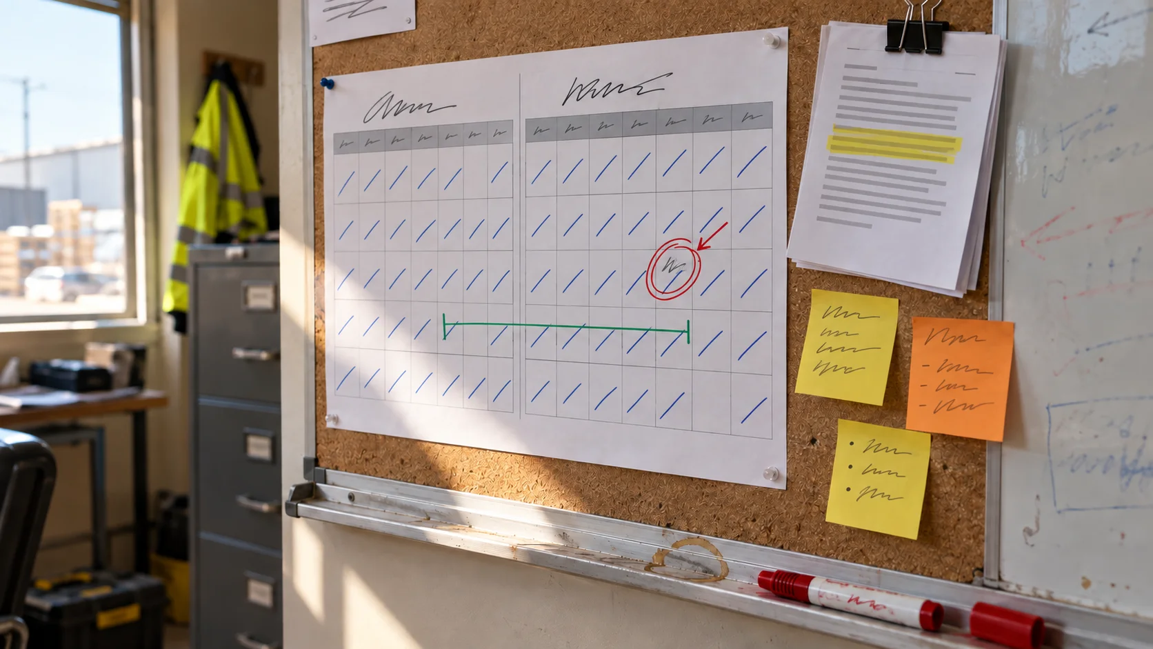 Planning mural de bureau avec une lettre d'intention épinglée et une date limite d'exclusivité entourée sur un calendrier chargé