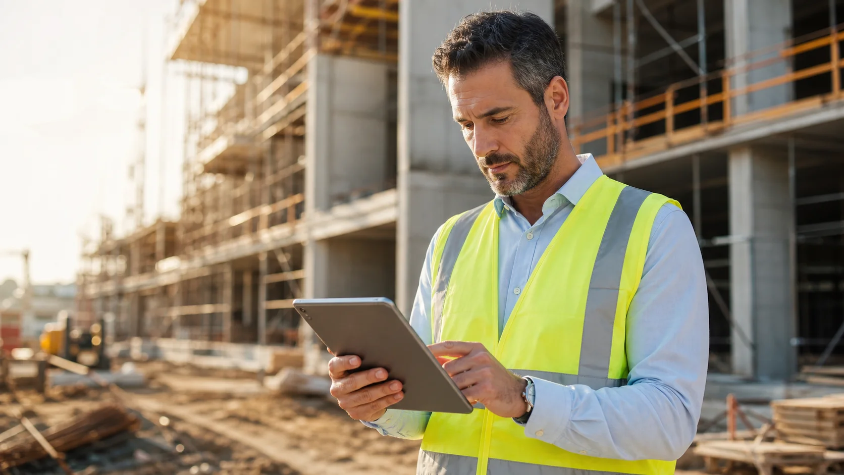 Ein Bauleiter in einer Warnweste überprüft Verträge auf einem Tablet auf einer aktiven Baustelle, mit Baugerüsten im Hintergrund im warmen Morgenlicht.