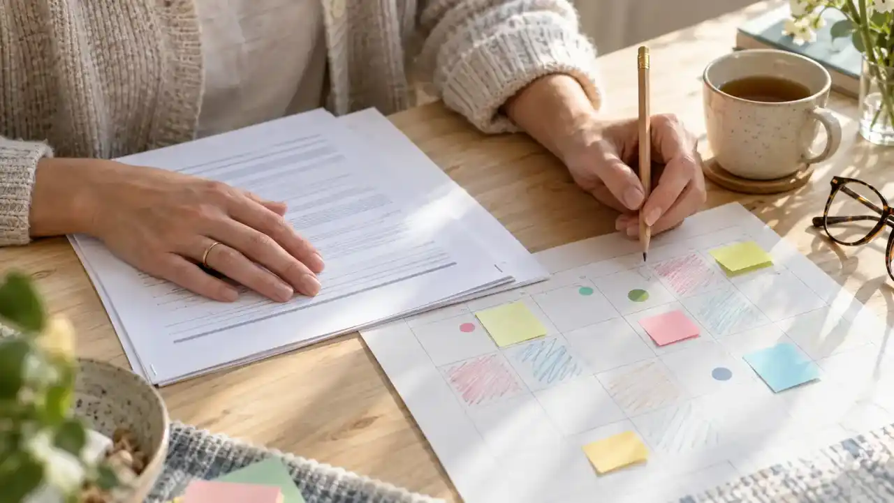 As mãos de uma mulher pousadas num contrato impresso enquanto um lápis paira sobre um calendário de papel em plena luz do dia