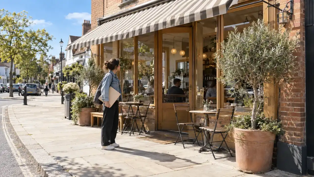 A woman standing on a sunny high street outside a small cafe, holding a thick unmarked folder and looking toward the shopfront.