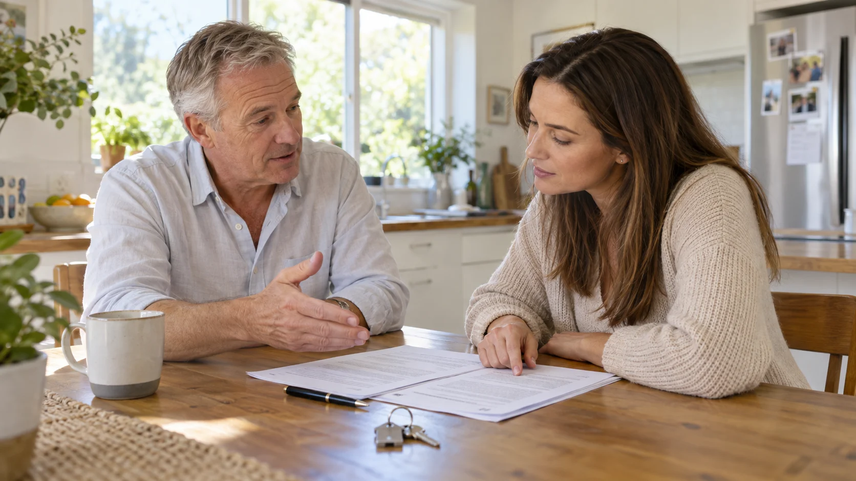 A father and adult daughter at a sunlit kitchen table reviewing a printed loan agreement together, a house key and pen beside the pages.