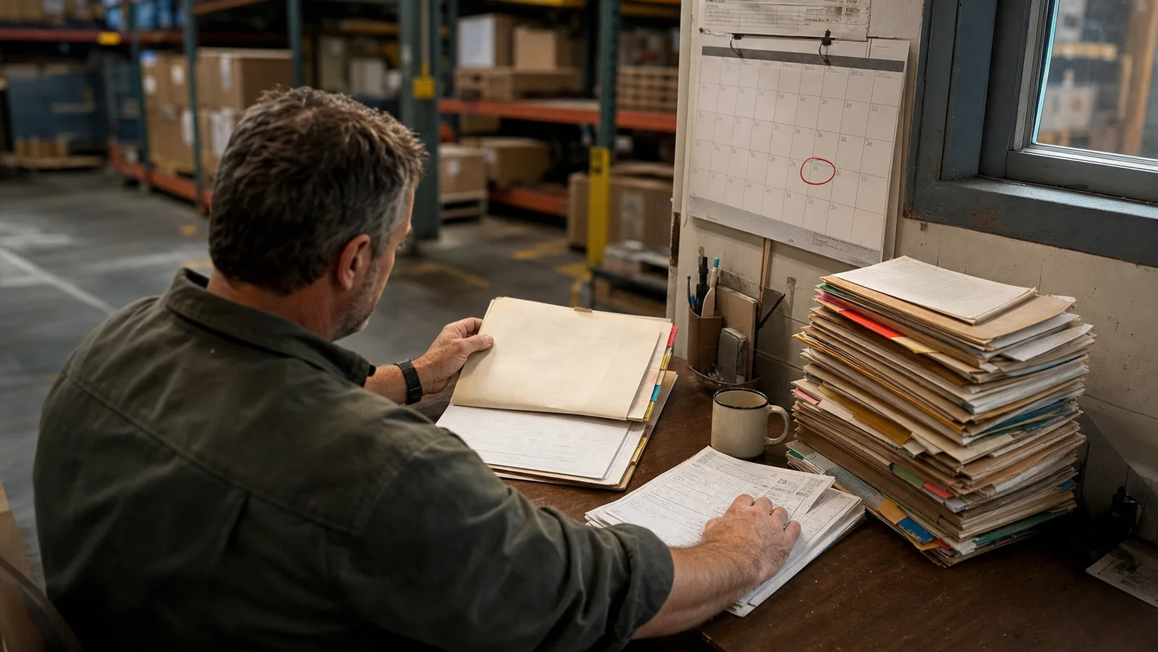 A warehouse operations manager reviews a stack of supplier contract folders at a cluttered floor-side desk, a wall calendar with a renewal date circled in red marker behind them, shelving racks blurred in the background.