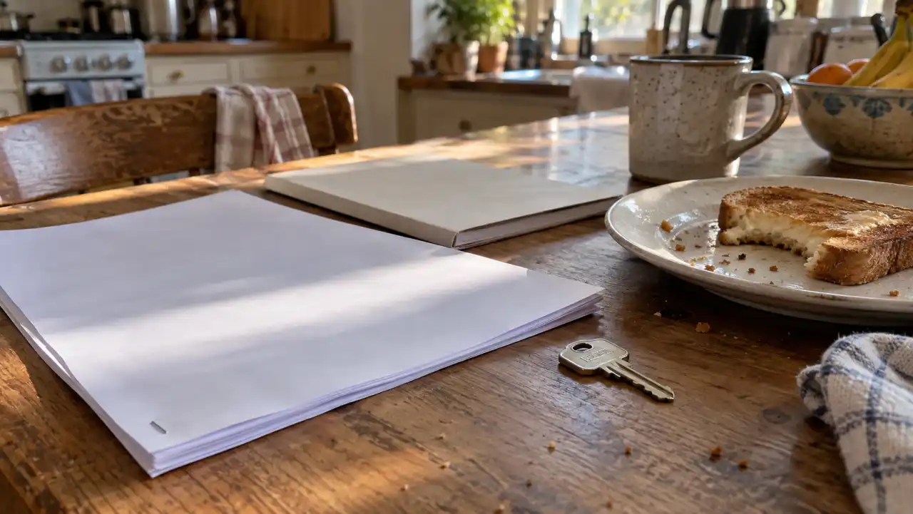 An unmarked staple-bound packet, a notebook, and a house key on a kitchen table in morning window light.