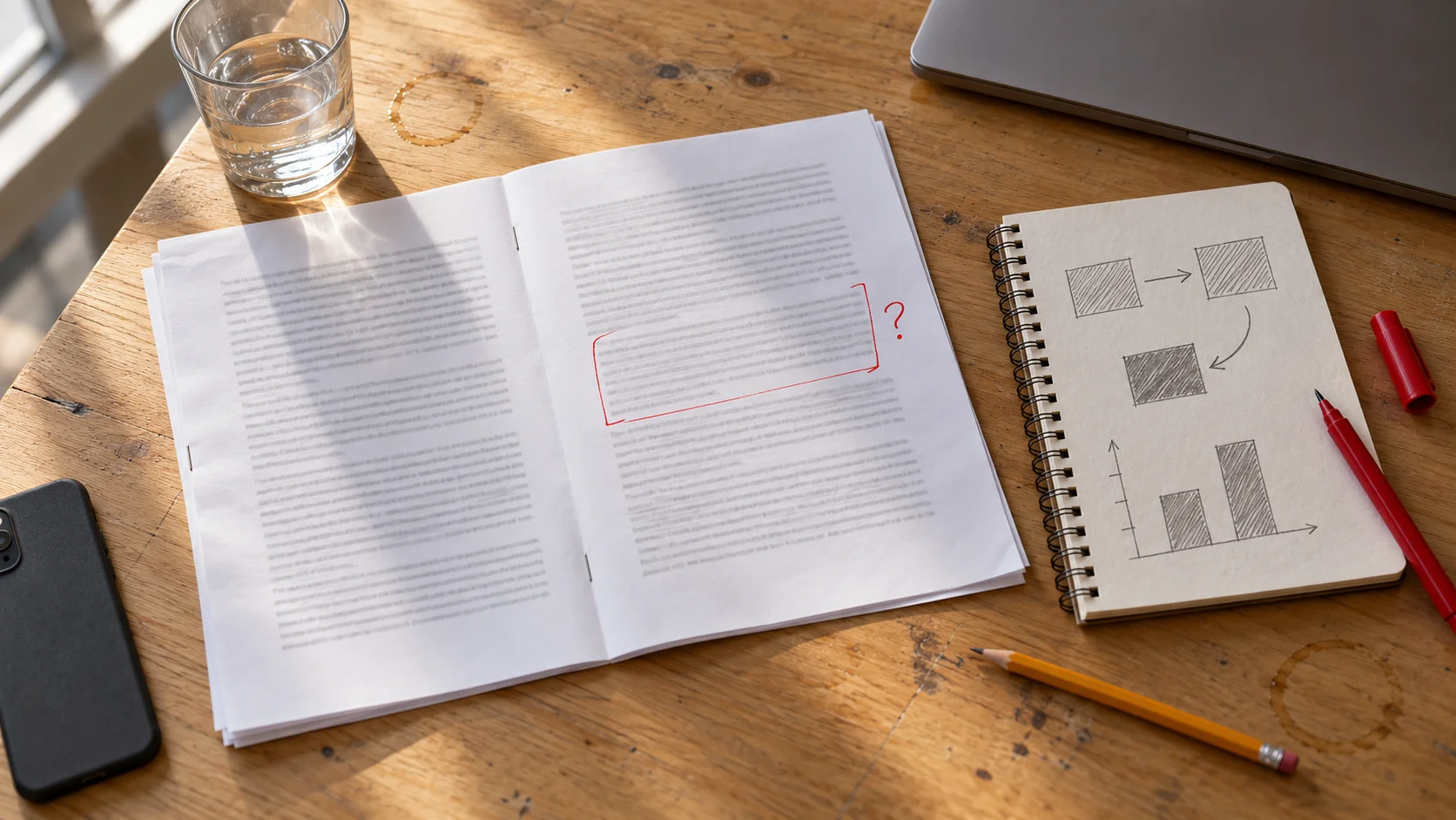 Marked-up term sheet beside a notepad sketch comparing two payouts on a shared startup table