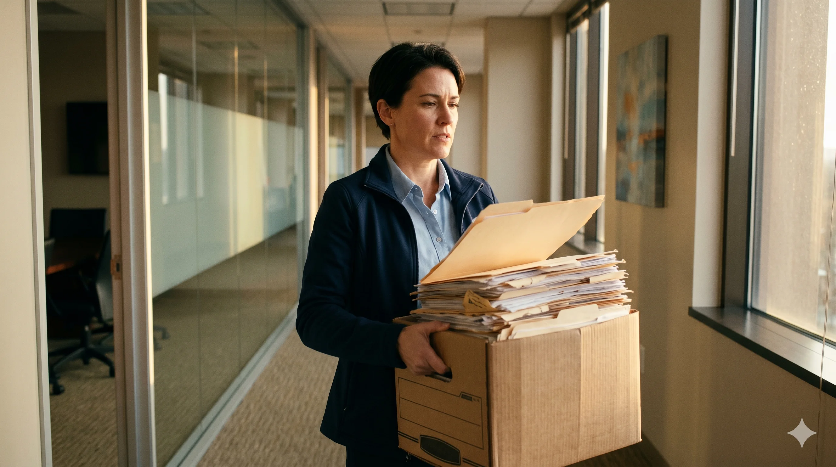 A person carrying a moving box out of an empty office, illustrating a successful lease exit before auto-renewal