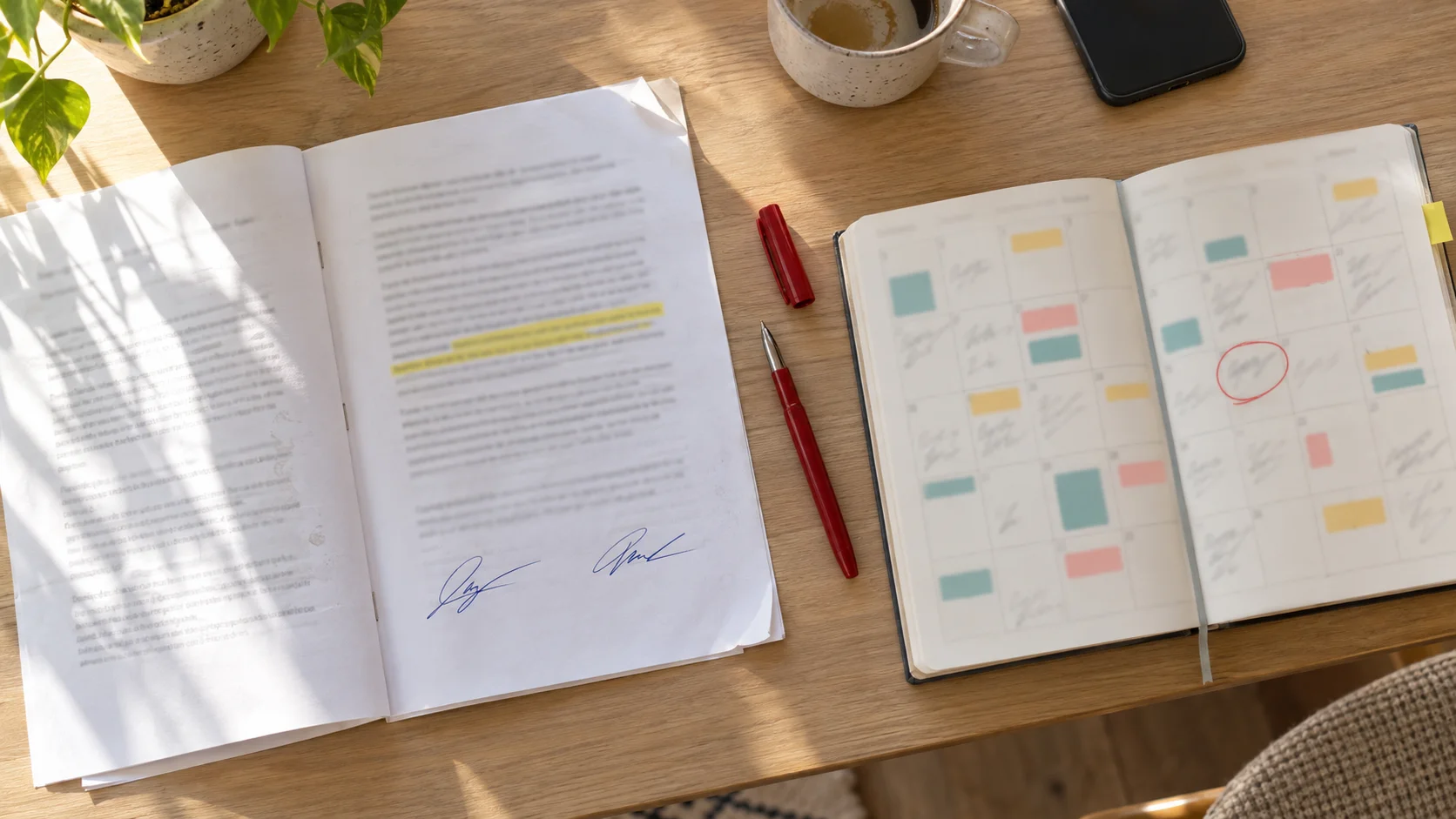 Vue de dessus d'un protocole d'accord de deux pages signé, à côté d'un agenda papier aux cases colorées et d'une date entourée.