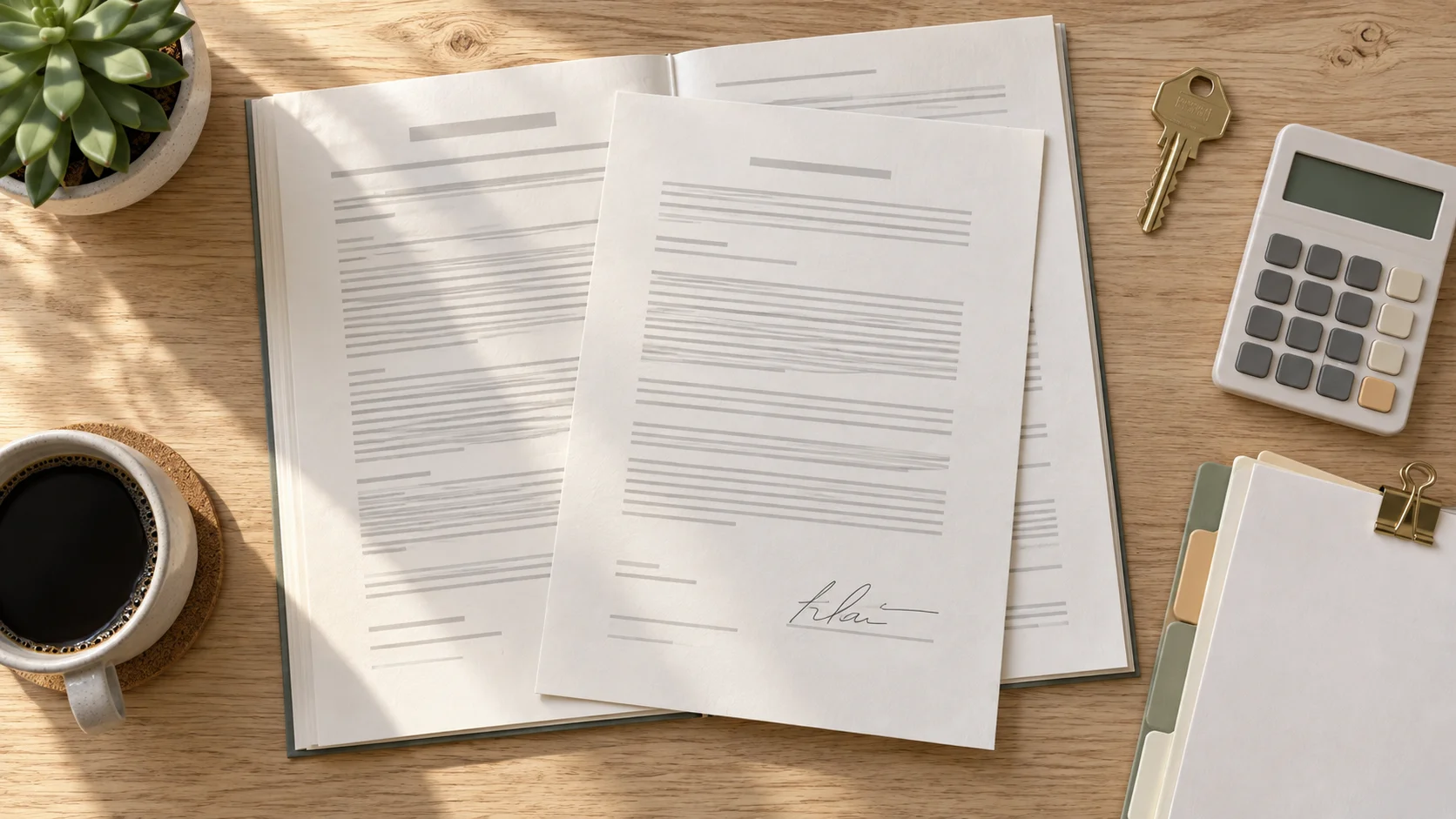 Overhead still of a printed loan agreement and promissory note on a pale oak desk with a house key and calculator in bright daylight.