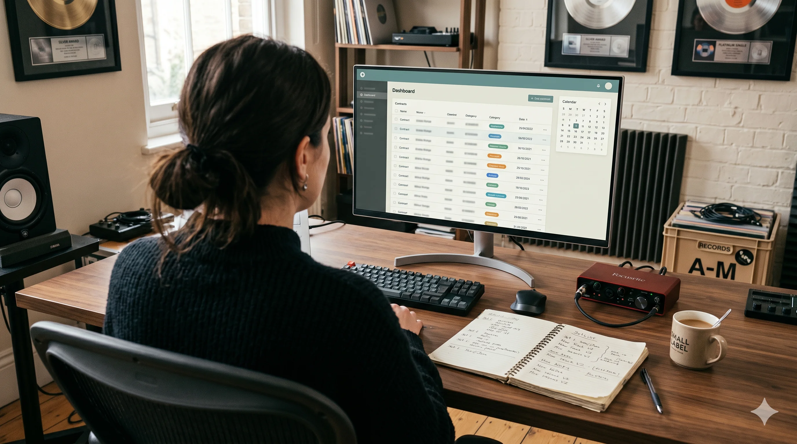 Contractdashboard van een platenlabel gefilterd op type — Recording, License, Distribution, PRO Membership, Freelancer