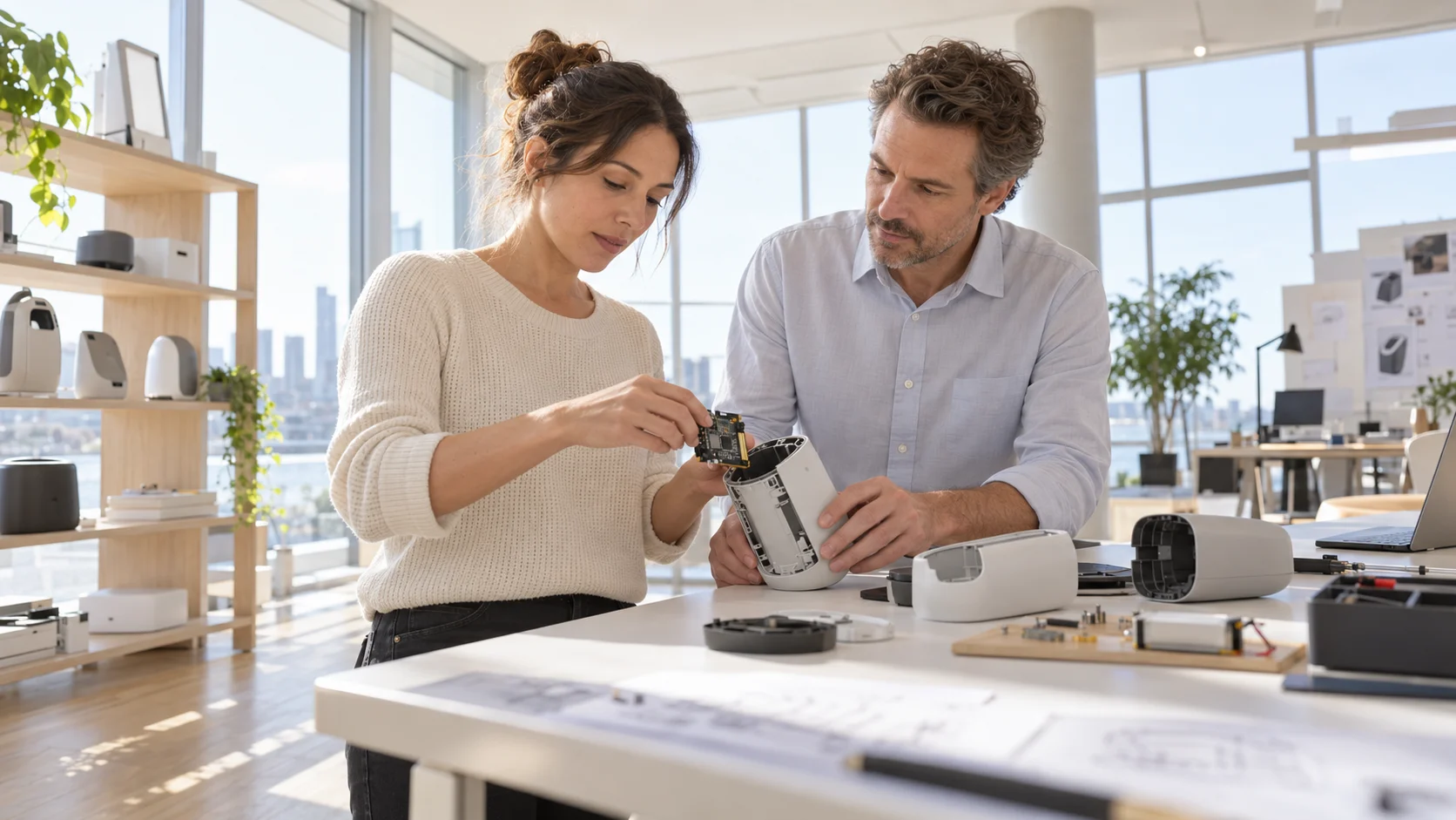 Two engineers in a bright product studio fitting a compact module into a device chassis under full daylight.