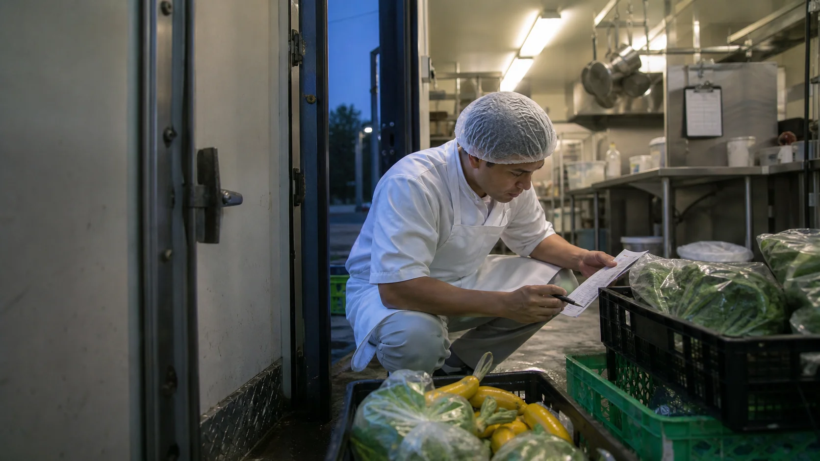 En kock kontrollerar en leveransfaktura mot backar med grönsaker som står staplade vid restaurangens bakdörr i det tidiga morgonljuset.