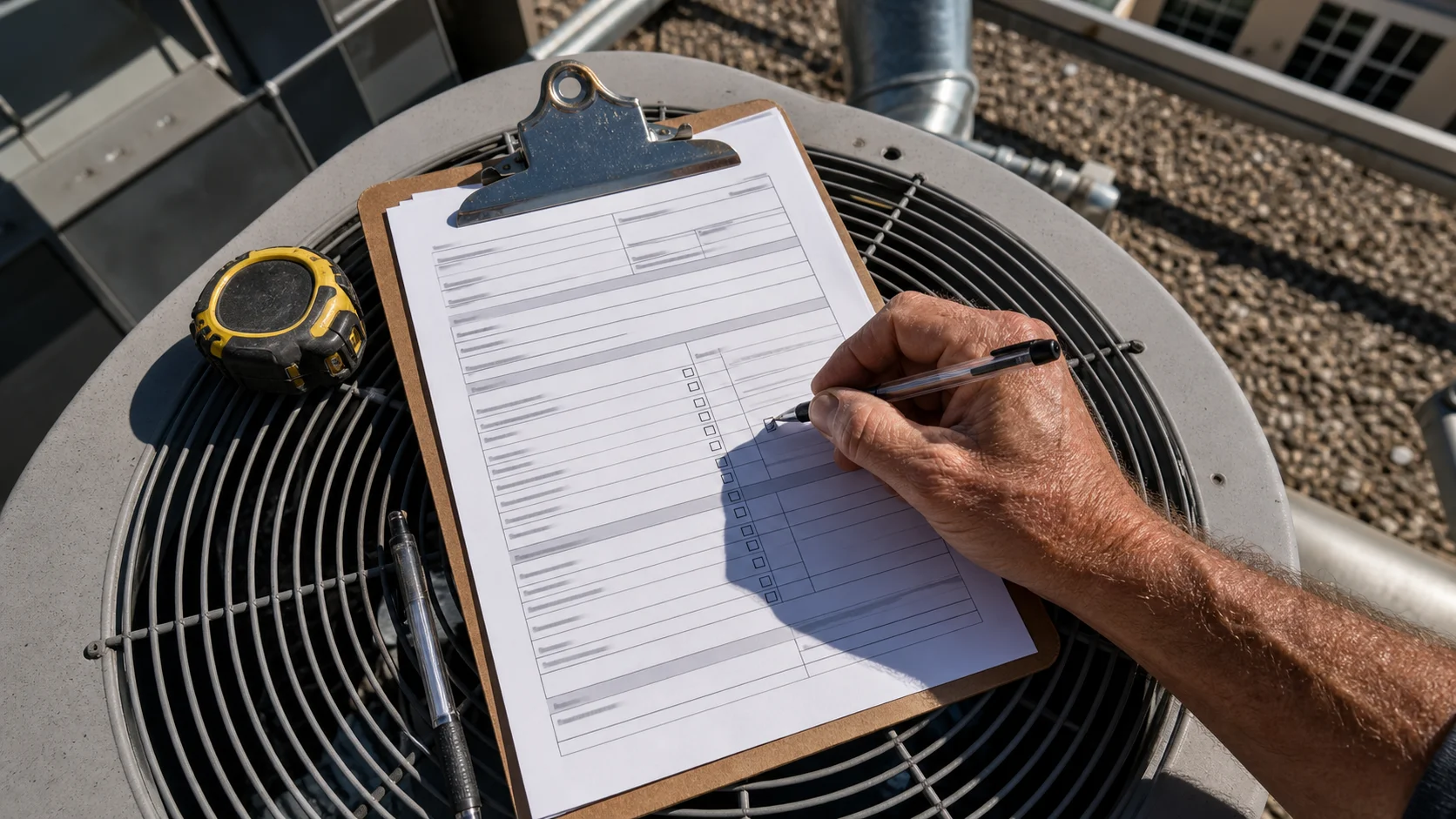 En översiktsbild av en hand som bockar av punkter på ett underhållsformulär för leverantörer fäst på en skrivplatta på en HVAC-enhet på taket