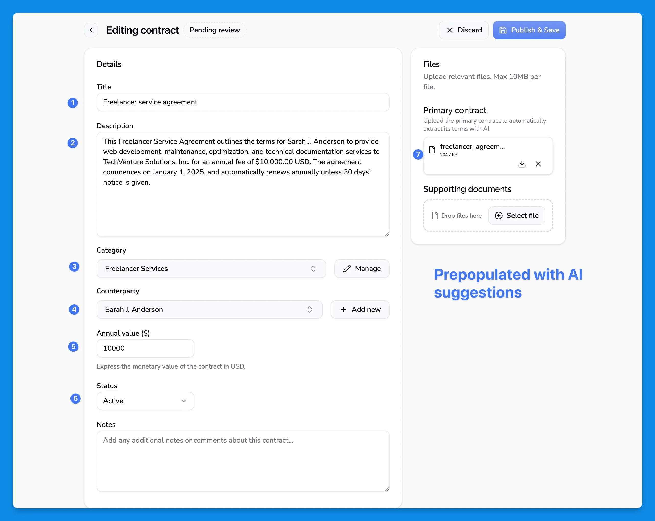 AI-geextraheerde contractdetails en suggesties