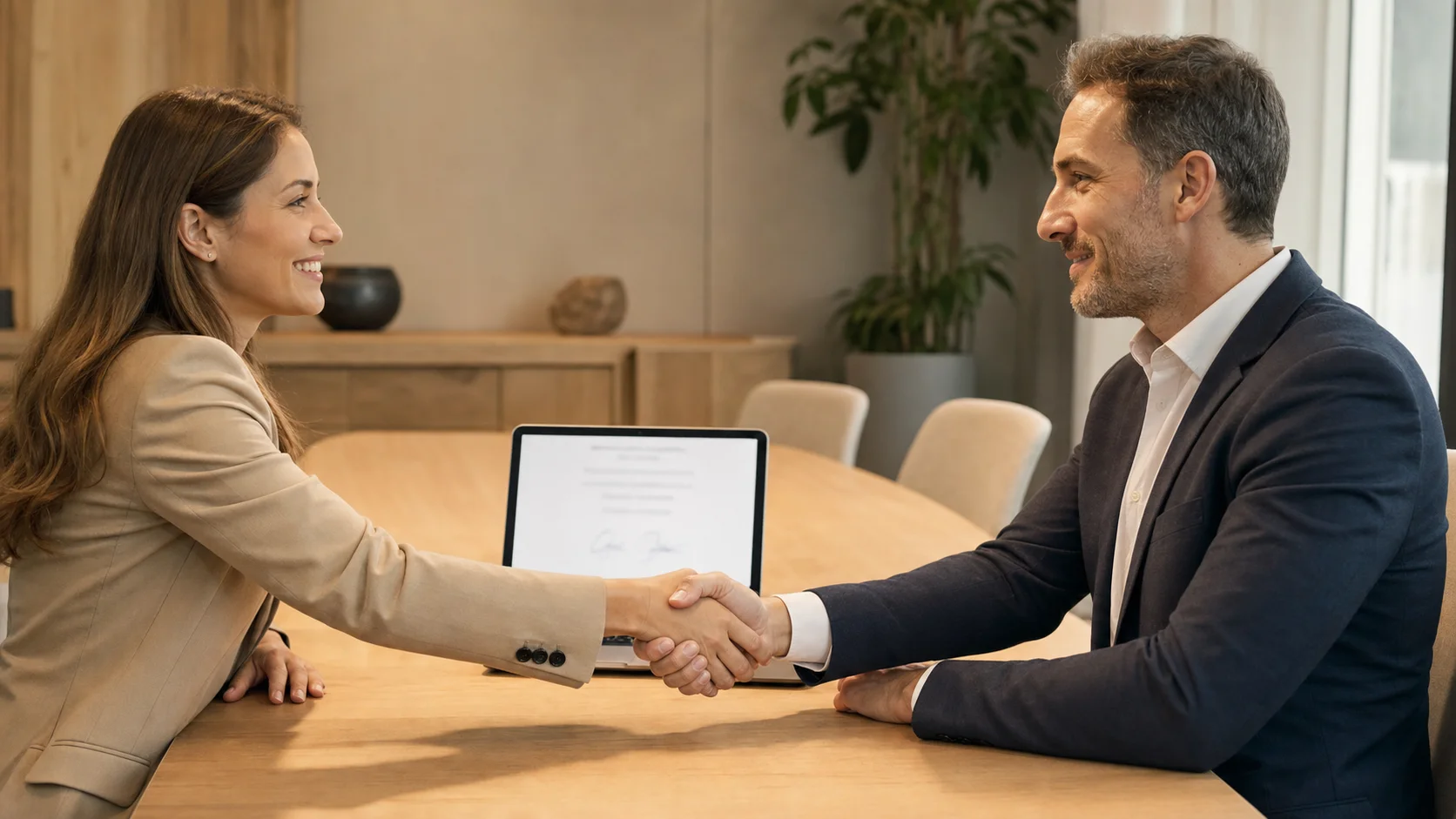 Deux professionnels se serrant la main au-dessus d'une table avec un ordinateur portable ouvert, marquant un accord signé