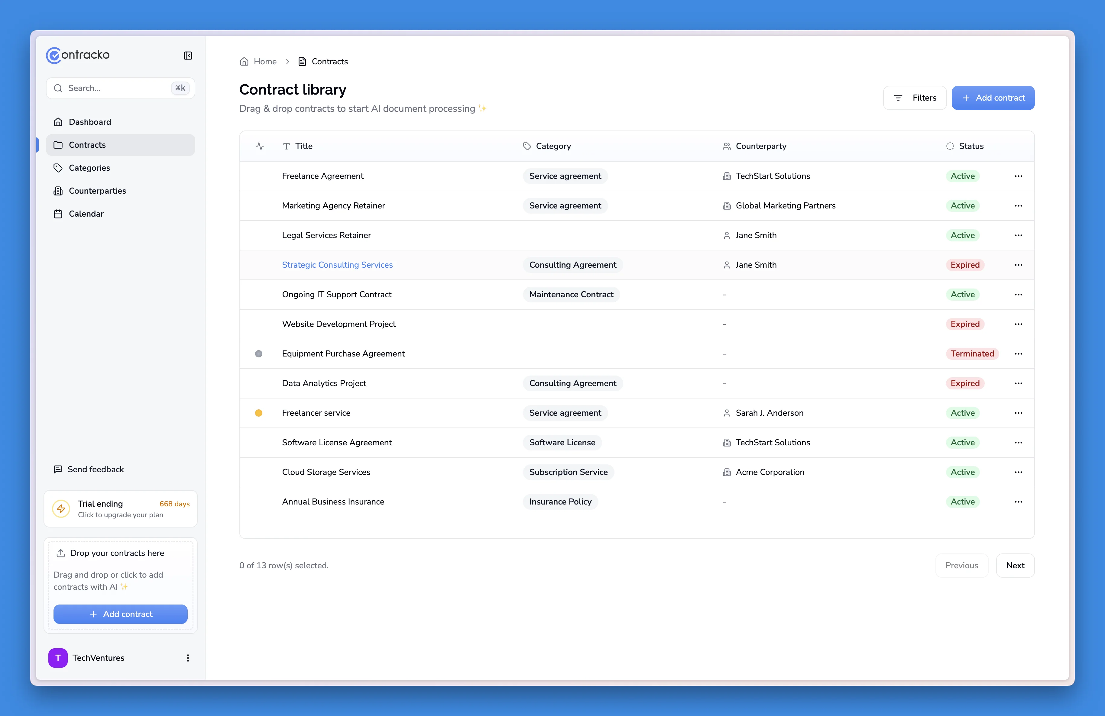 Contracko dashboard met georganiseerde contractlijst, metadata, vervaldatums en status in een oogopslag
