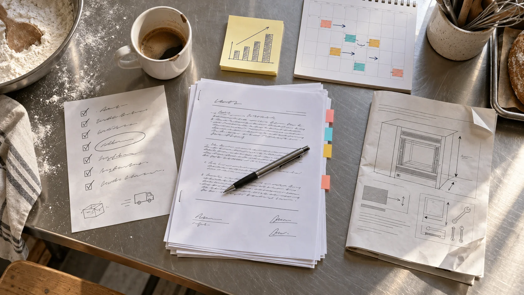 Purchase agreement on a bakery prep table beside a ticked delivery checklist and a calendar with marked dates