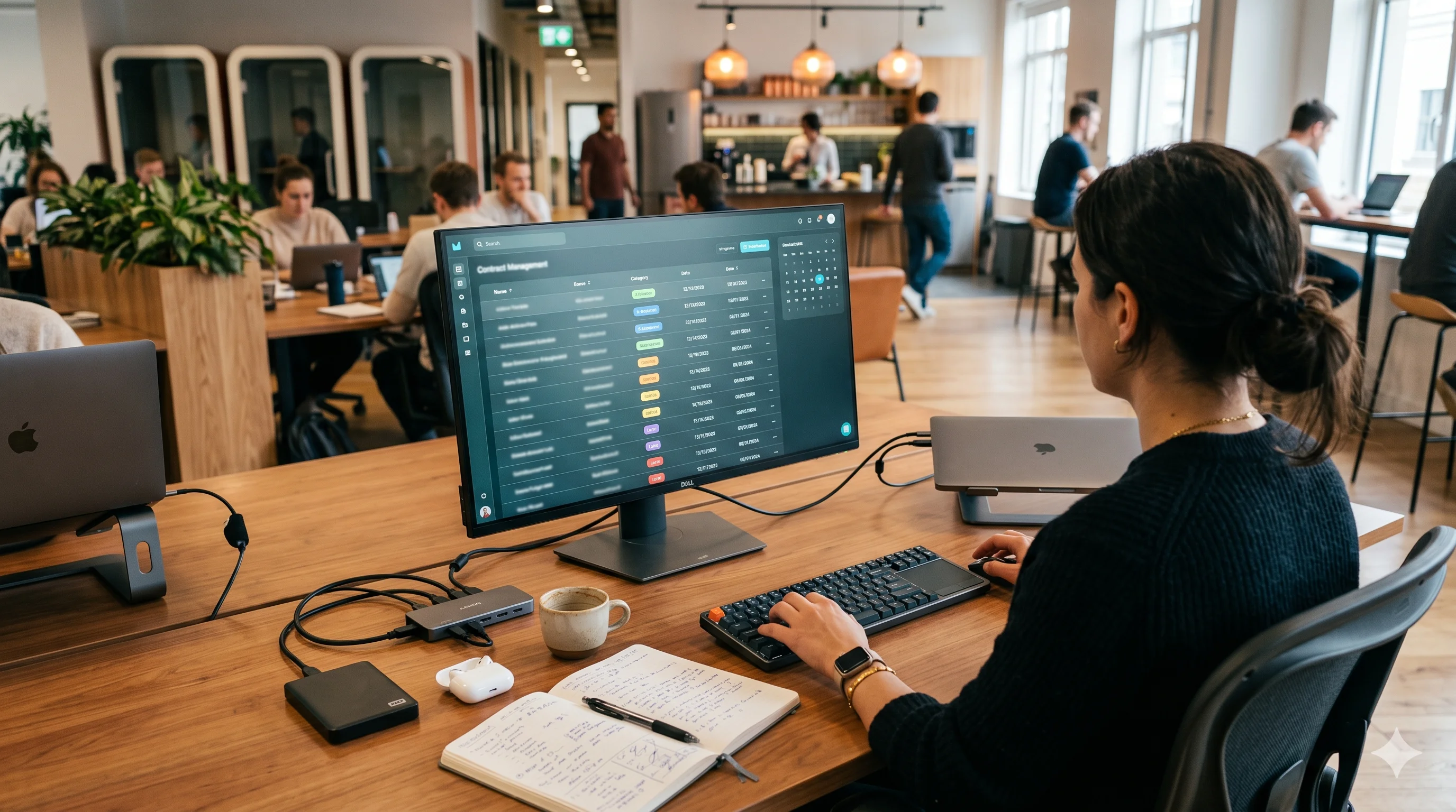 Startup operator at a co-working hot-desk reviewing a contract dashboard on a monitor