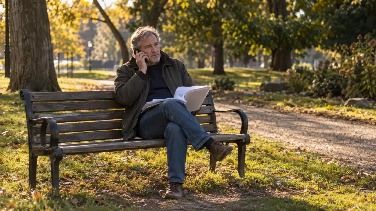 A man on a sunlit park bench talking on a phone with an unmarked packet open on his lap.