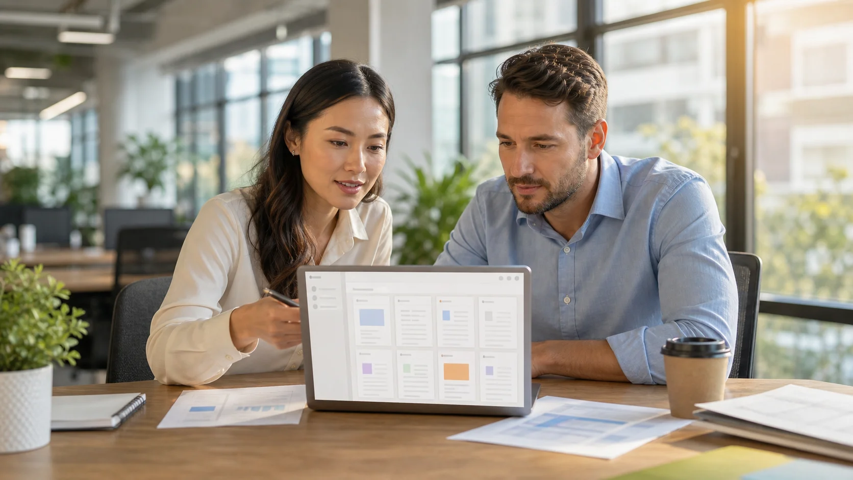 Ein Marketing-Team bespricht Vertragsbedingungen am Bildschirm in einem hellen, modernen Büro