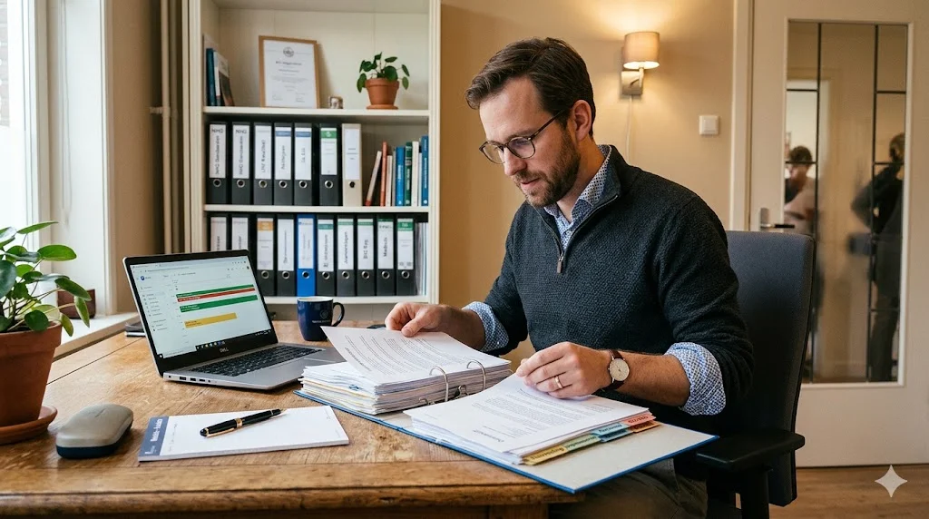 Huisarts in een Nederlandse praktijk bekijkt verschillende contracten en een ringband met categorie-tabs op zijn bureau