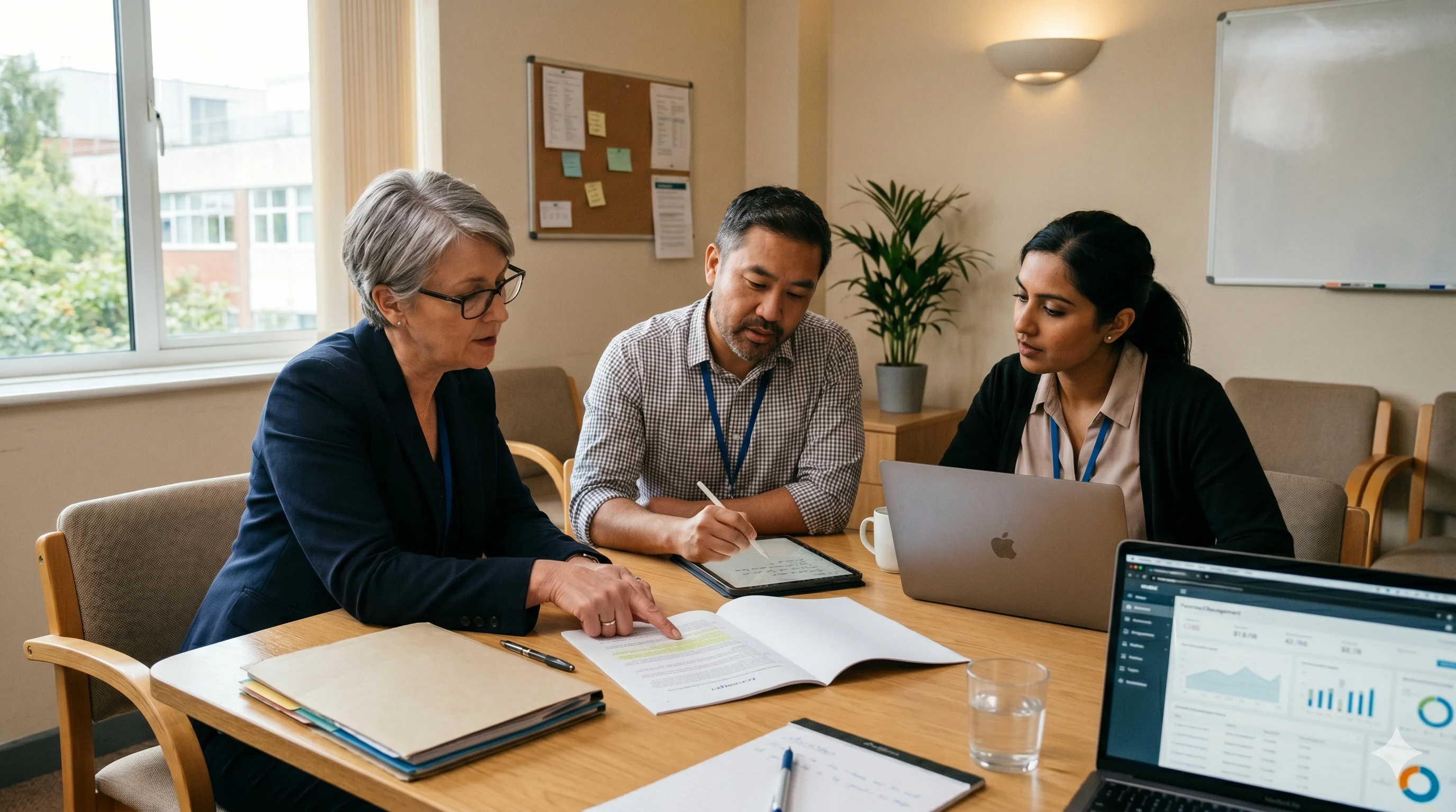 Hospital procurement and finance team reviewing payer and vendor contracts together