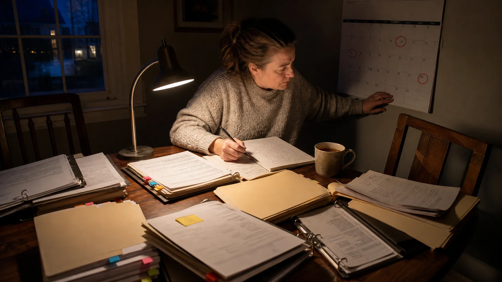 En bokförare sitter vid ett köksbord sent på kvällen med kundpärmar och mappar utspridda över bordet och jämför förnyelsedatum mot en väggkalender med inringade datum.