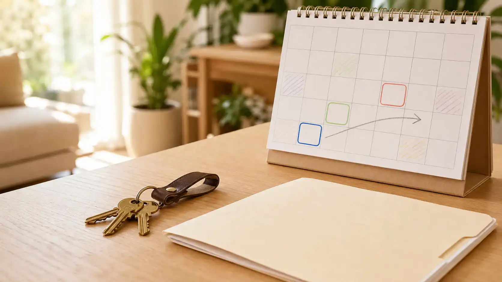 Husnycklar, en sluten mapp och en färgmarkerad kalender på ett solbelyst ekbord