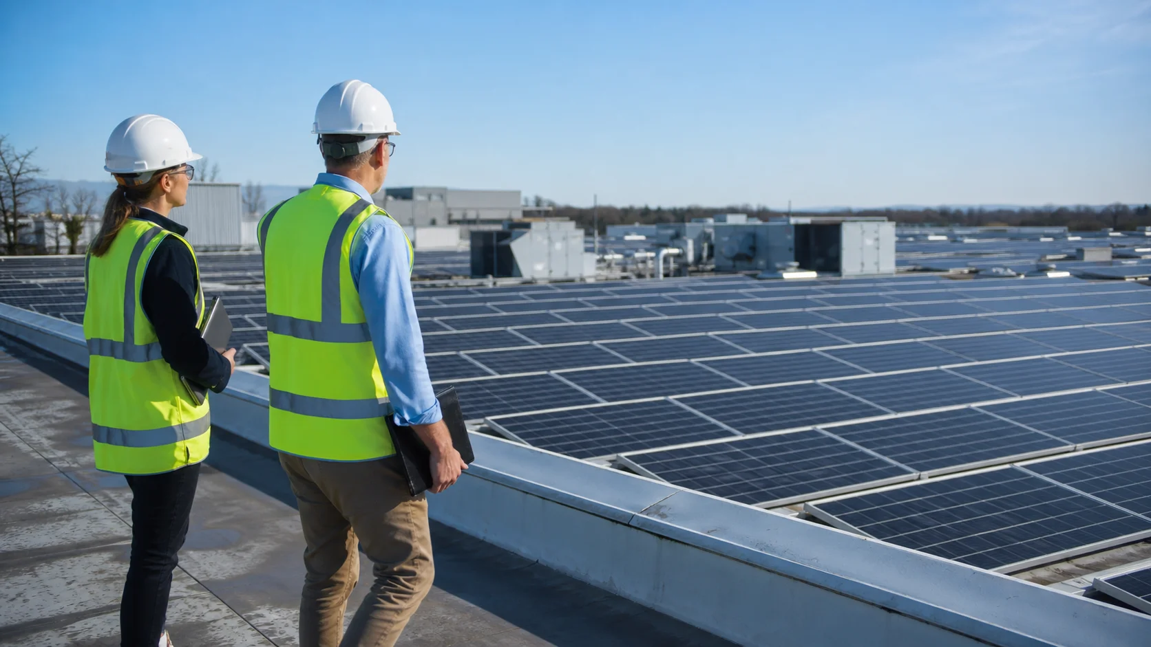 Två personer i skyddsutrustning står bredvid en solcellsanläggning på ett lagertak som ett power purchase agreement skulle omfatta