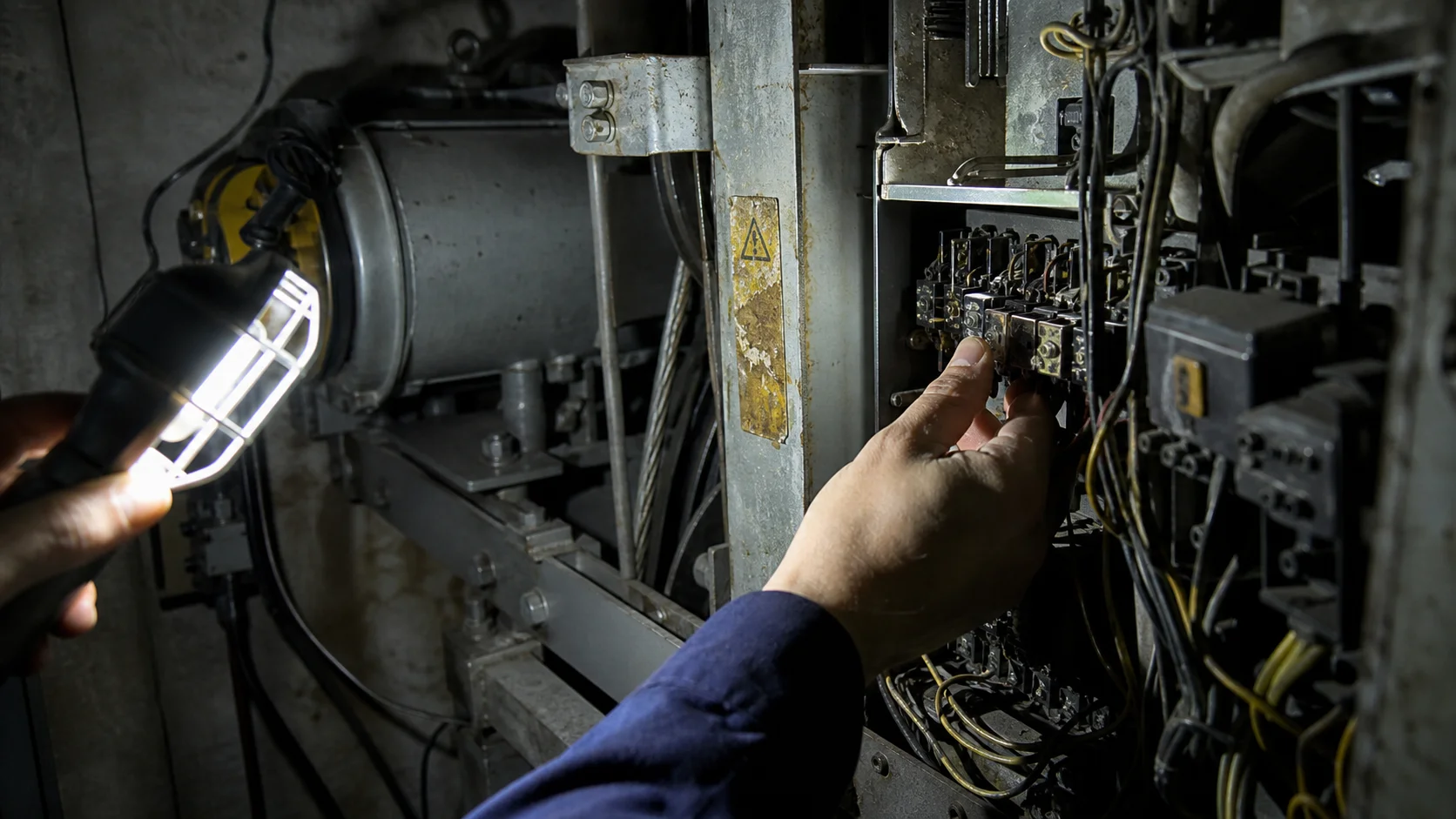 Un technicien de maintenance inspecte le local moteur d'un ascenseur en toiture, éclairé par une lampe de travail
